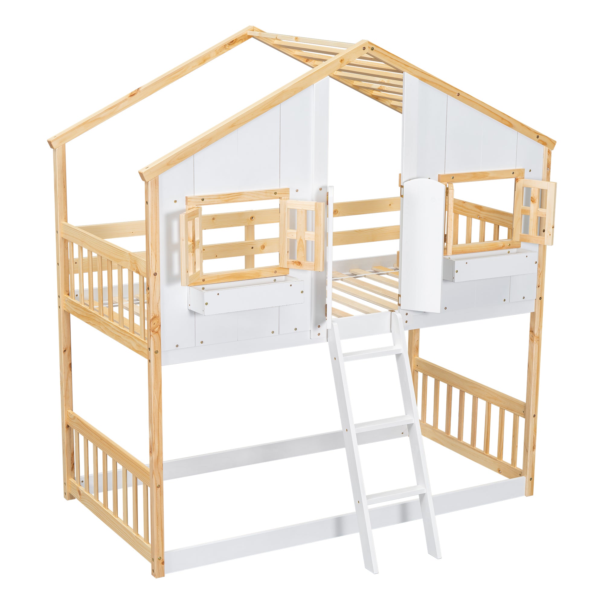 Twin over Twin House Bunk Bed with Roof , Window, Window  Box, Door , with Safety Guardrails and Ladder, Natural/White