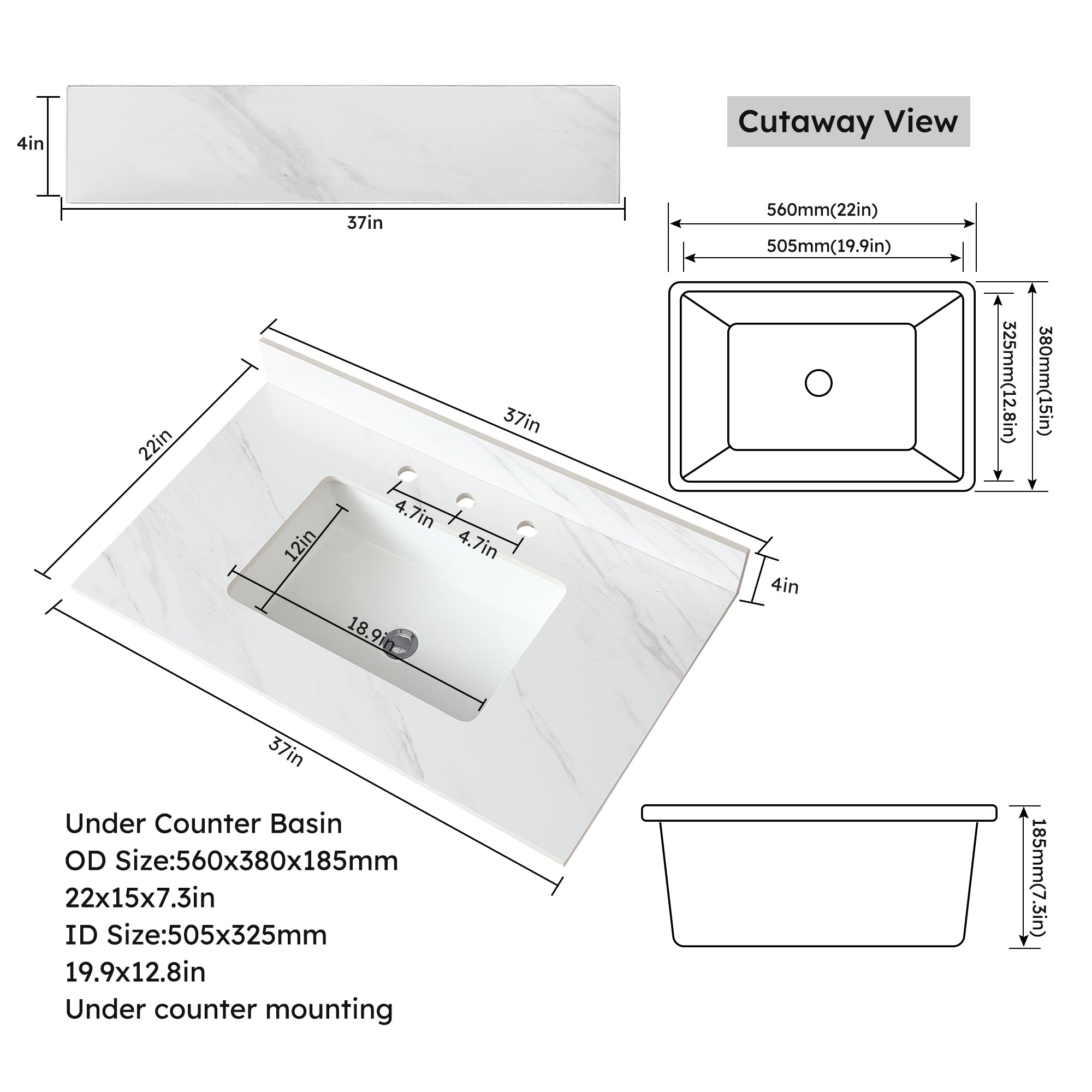 37 Inch Marble Vanity Top, White Vanity Top with Pre-drilled Faucet Holes, Bathroom Vanity Top with Undermount Rectangular Middle Sink and 4" Height Backsplash,  Bianco Carrara Venato