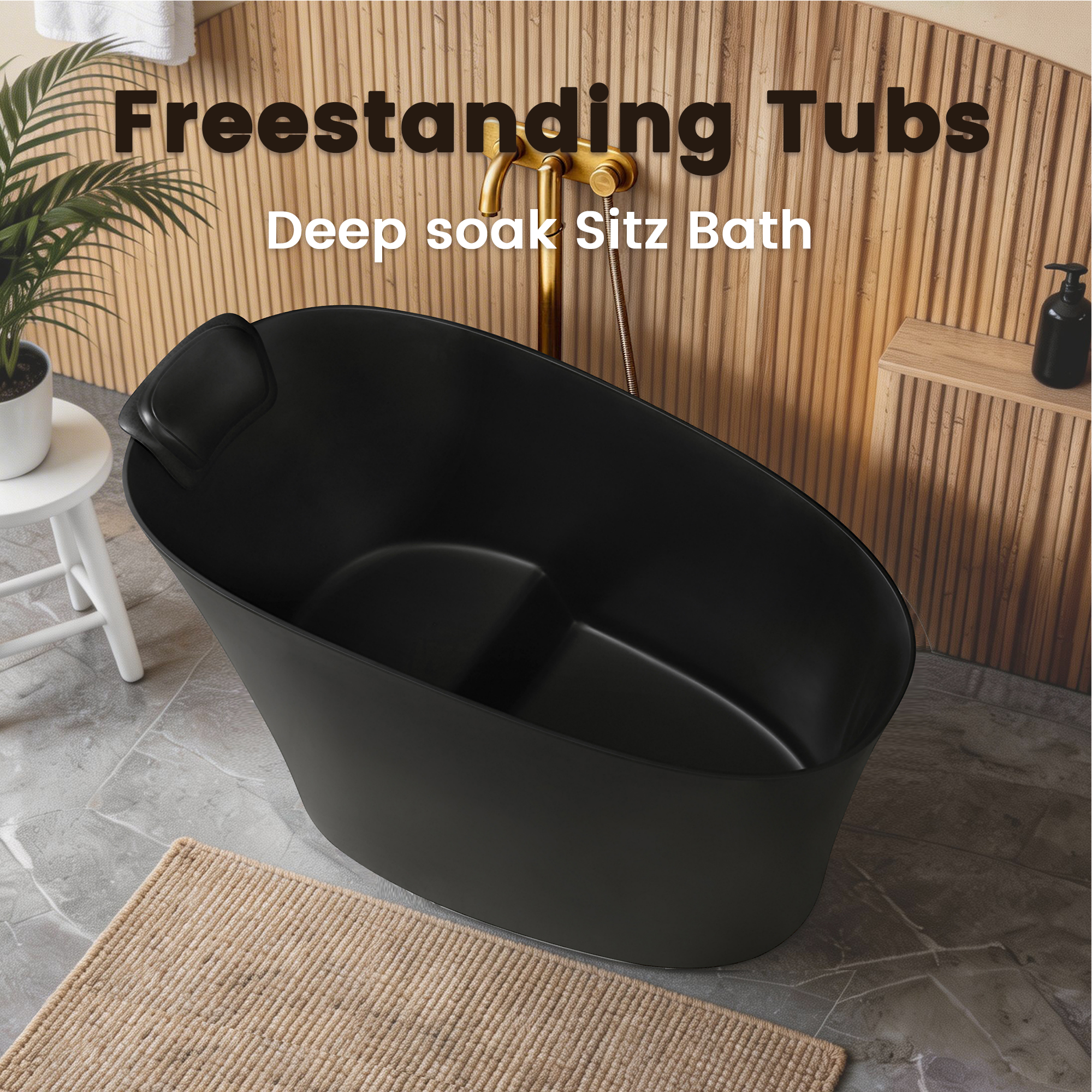 51 inch black freestanding bathtub showing integral seat and headrest interior
