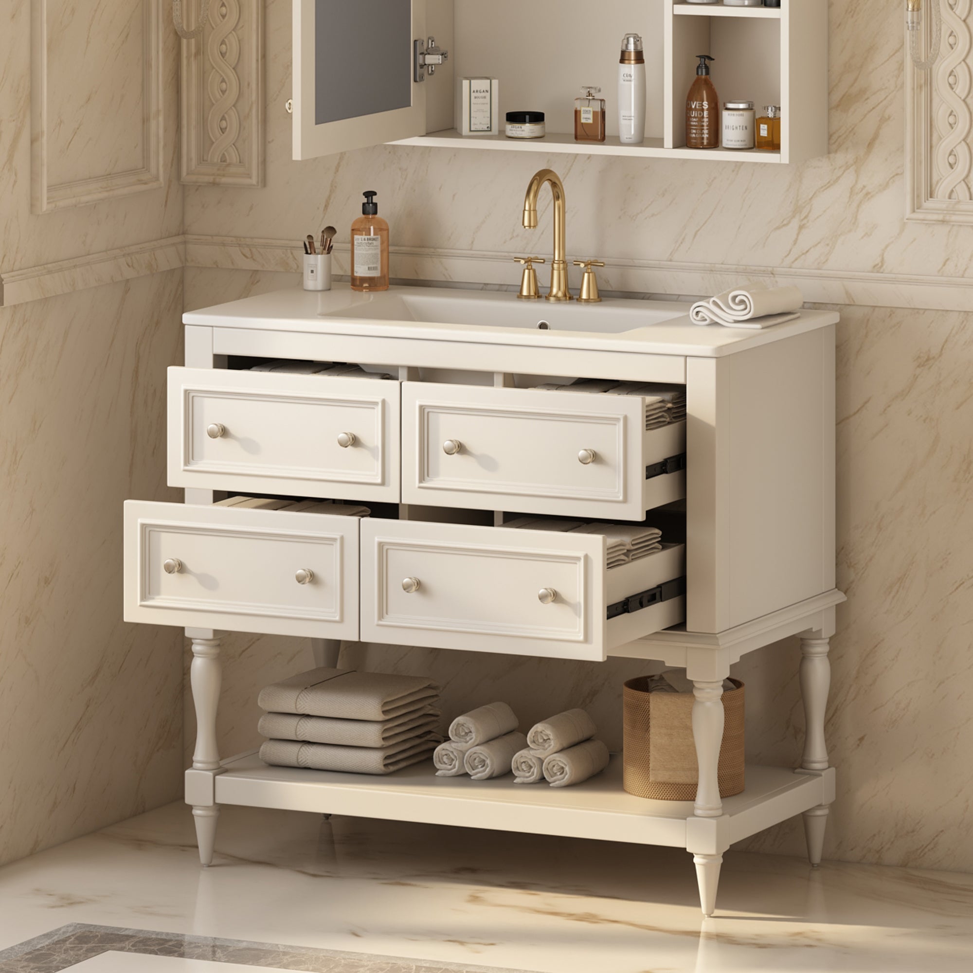36 inch beige free-standing bathroom vanity with undermount ceramic sink, front view