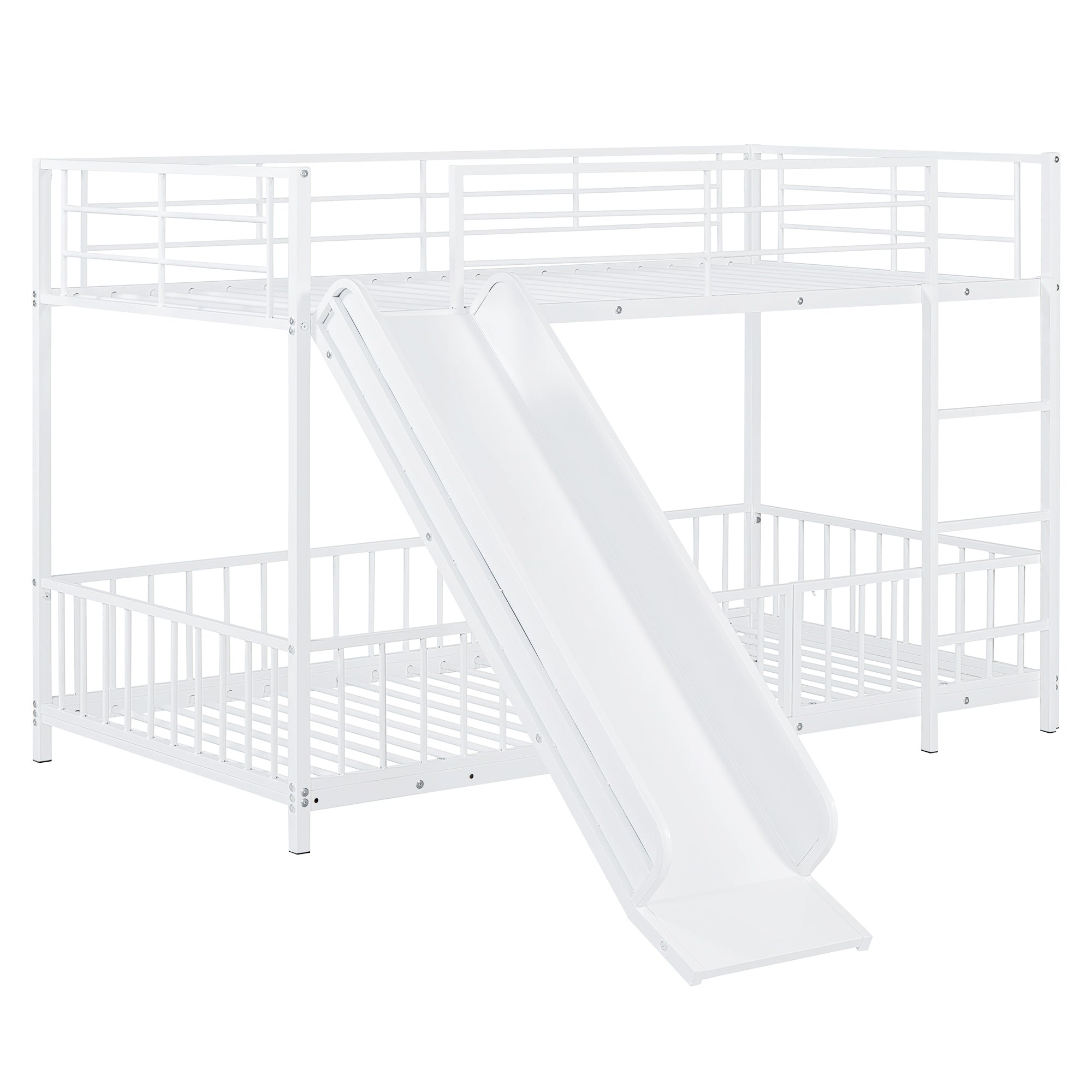 Twin over Twin Size Metal Bunk Bed with Slide and Guardrails, White