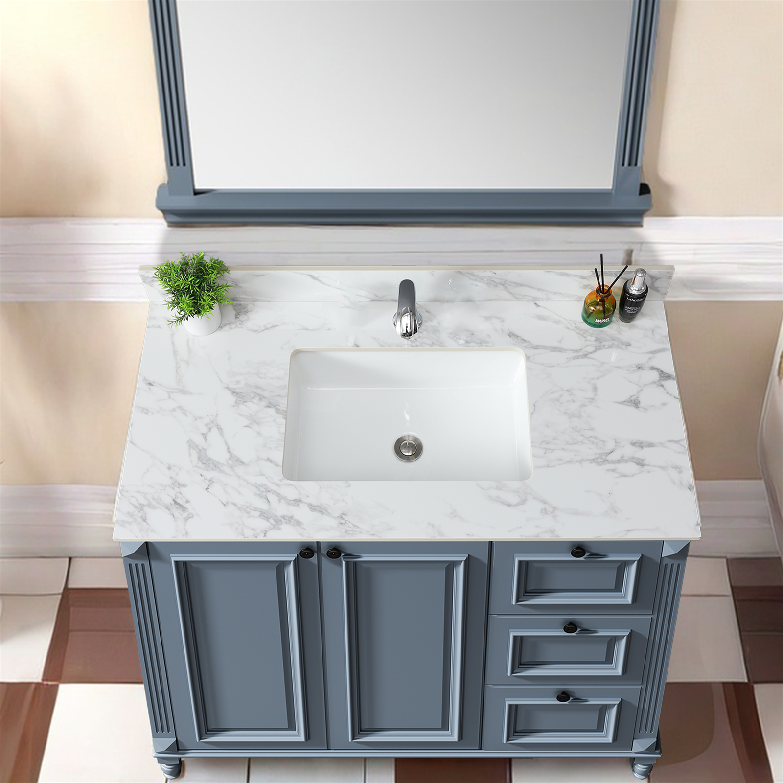 43"x22"Bathroom Vanity Top,sintered stone carra white Barthroom Vanity Sink Tops with Rectangular Undermount Ceramic Sink with Vanity Backsplash, singe Faucet Hole Bathroom Vanity Countertop