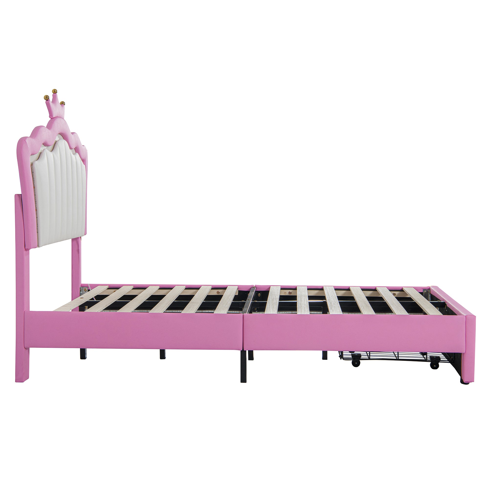 Twin Size Upholstered Bed Frame with LED Lights, Modern Upholstered Princess Bed with Crown Headboard, a Drawer, Pink+White