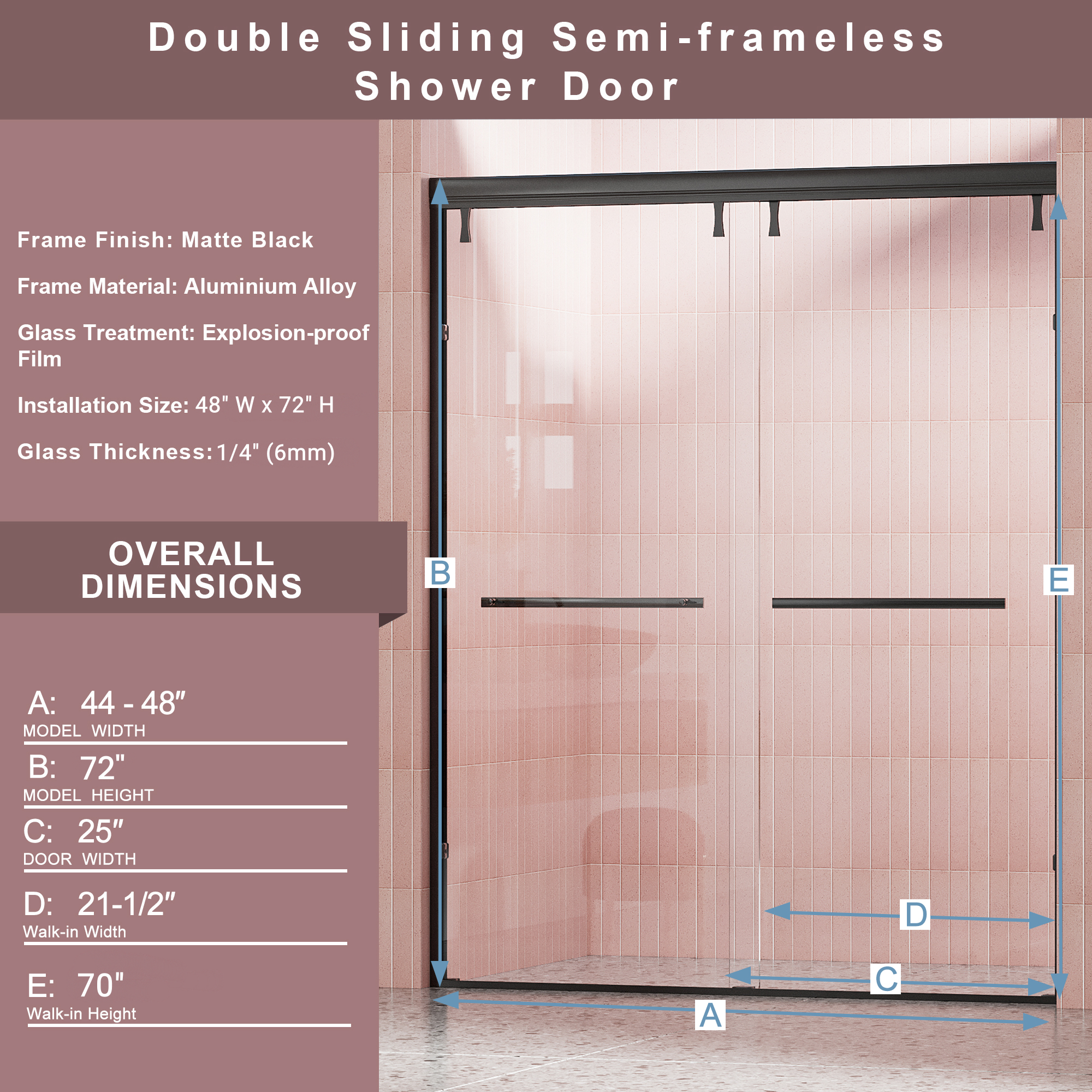 44-48"W x 72"H Semi-Frameless Shower Door, Double Sliding Shower Door with 1/4" (6mm) Clear Tempered Glass Shower Door with Explosion-Proof Film, Matte Black 24D212S-48MB