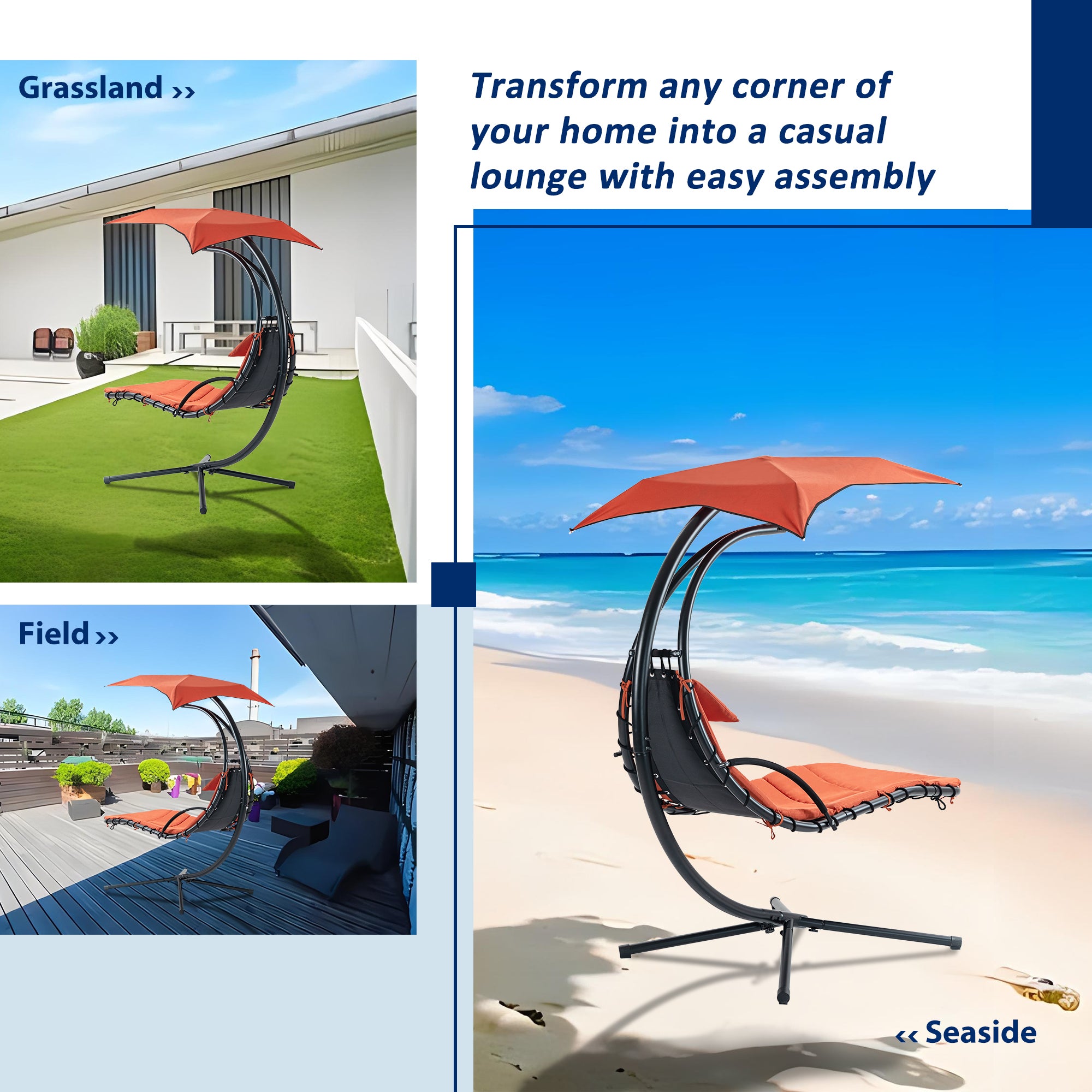 Hanging Chaise Lounger with Removable Canopy, Outdoor Swing Chair with Built-in Pillow, Hanging Curved Chaise Lounge Chair Swing for Patio Porch Poolside, Hammock Chair with Stand (Orange)