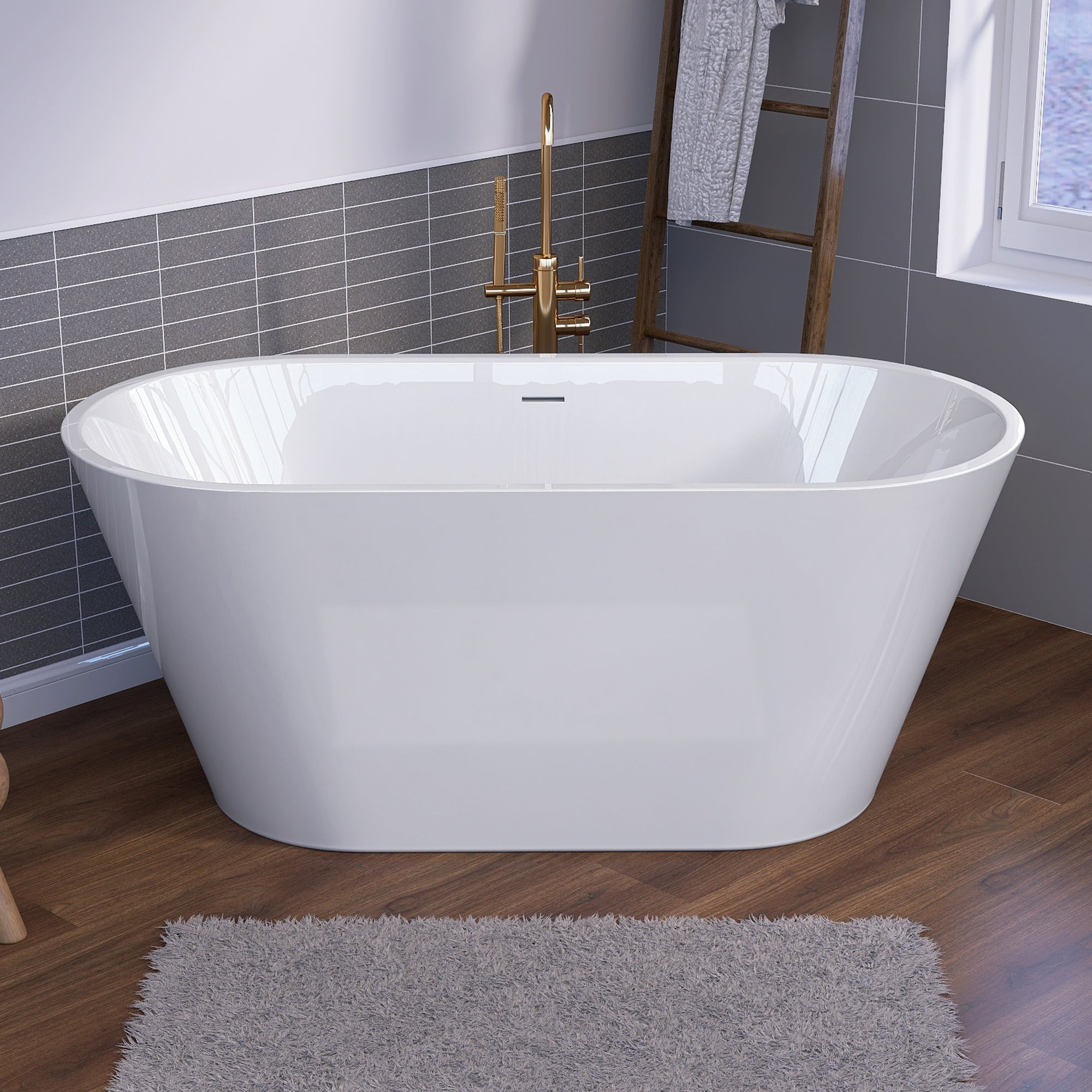 51" Acrylic Freestanding Bathtub Contemporary Soaking White Tub with Overflow and Pop-up Drain Gloss White