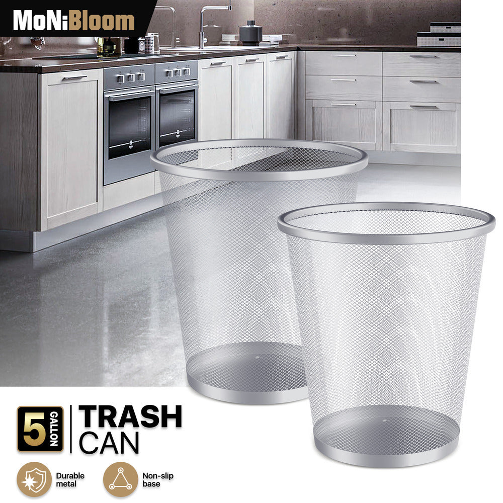 2-Piece 5-Gallon Trash Can Set – Open Top Mesh Metal Round Garbage Cans, Silver