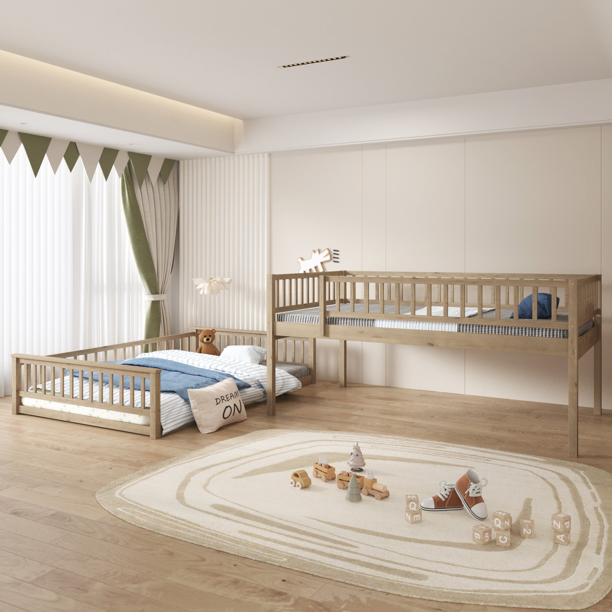 Walnut bunk bed top bunk with full-length guardrails, detail view