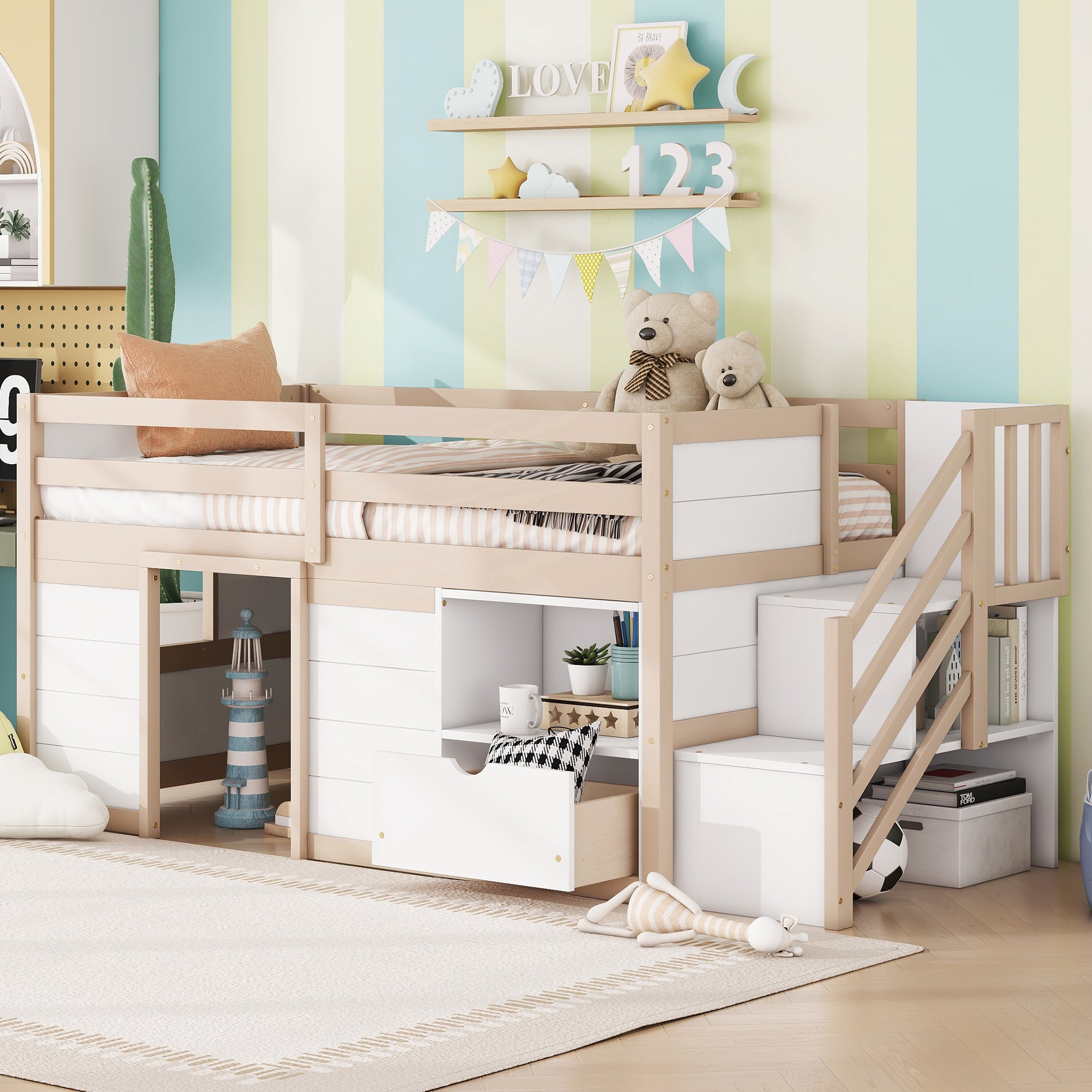 SOLID WOOD TWIN SIZE LOW LOFT BED WITH STAIR, DRAWER, AND SHELF FOR CREAM + WHITE COLOR