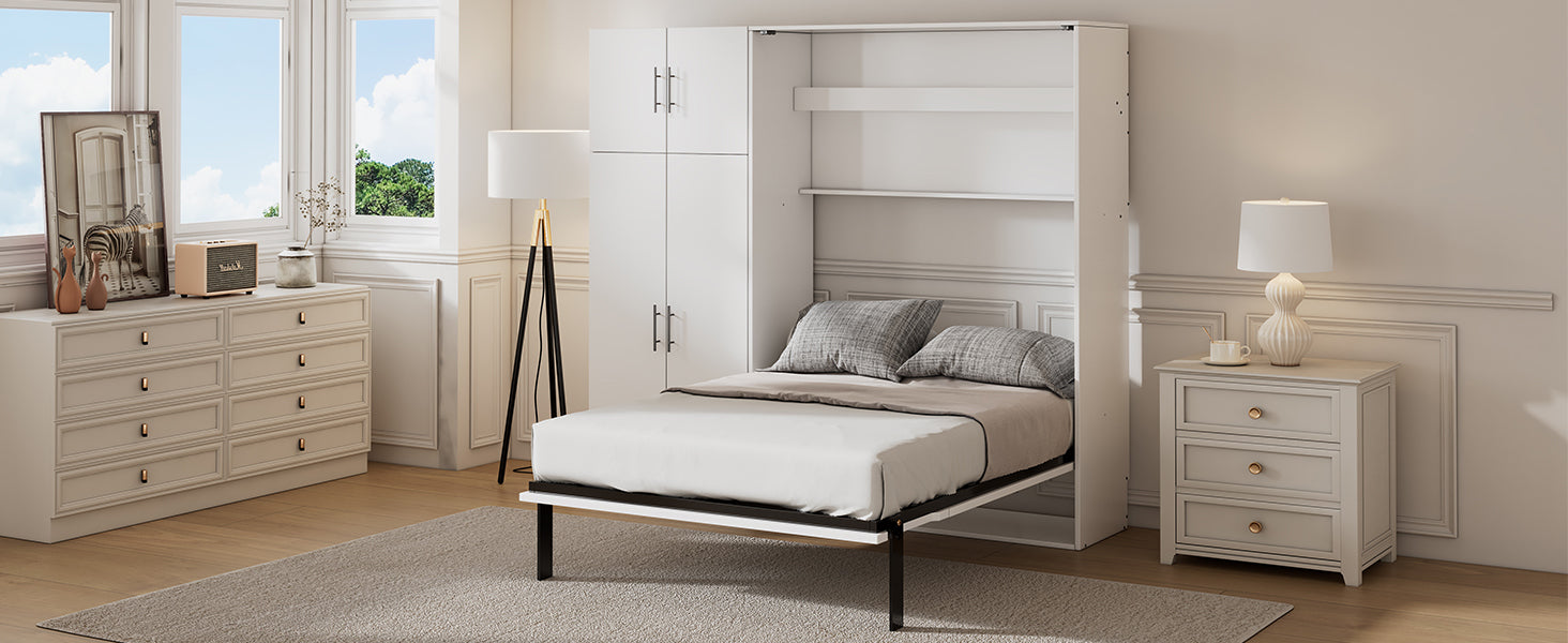 Full Size Murphy Bed with Lockers and Wardrobes, White