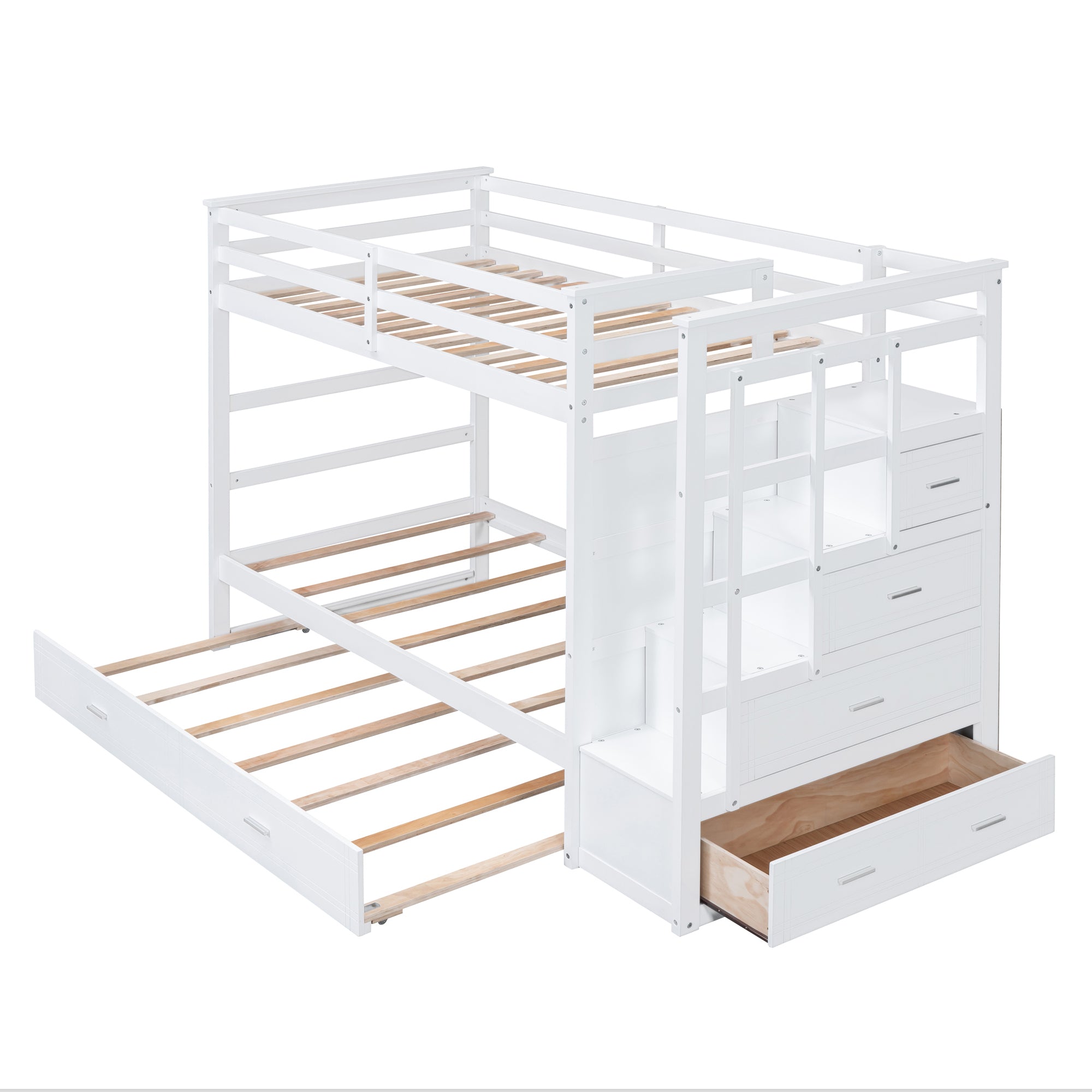 Twin Over Twin Bunk Bed with Trundle and Staircase,White(OLD SKU:LT000068AAK)