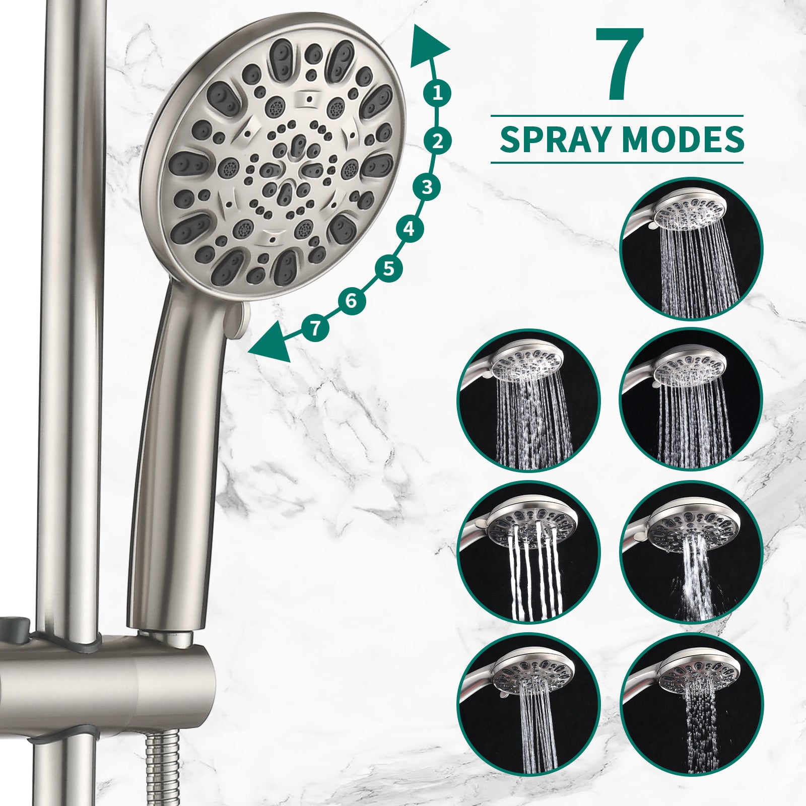 Drill-Free Stainless Steel Slide Bar Combo Rain Showerhead 7-Setting Hand, Dual Shower Head Spa System with Tup Spout (Rough-in Valve Included)