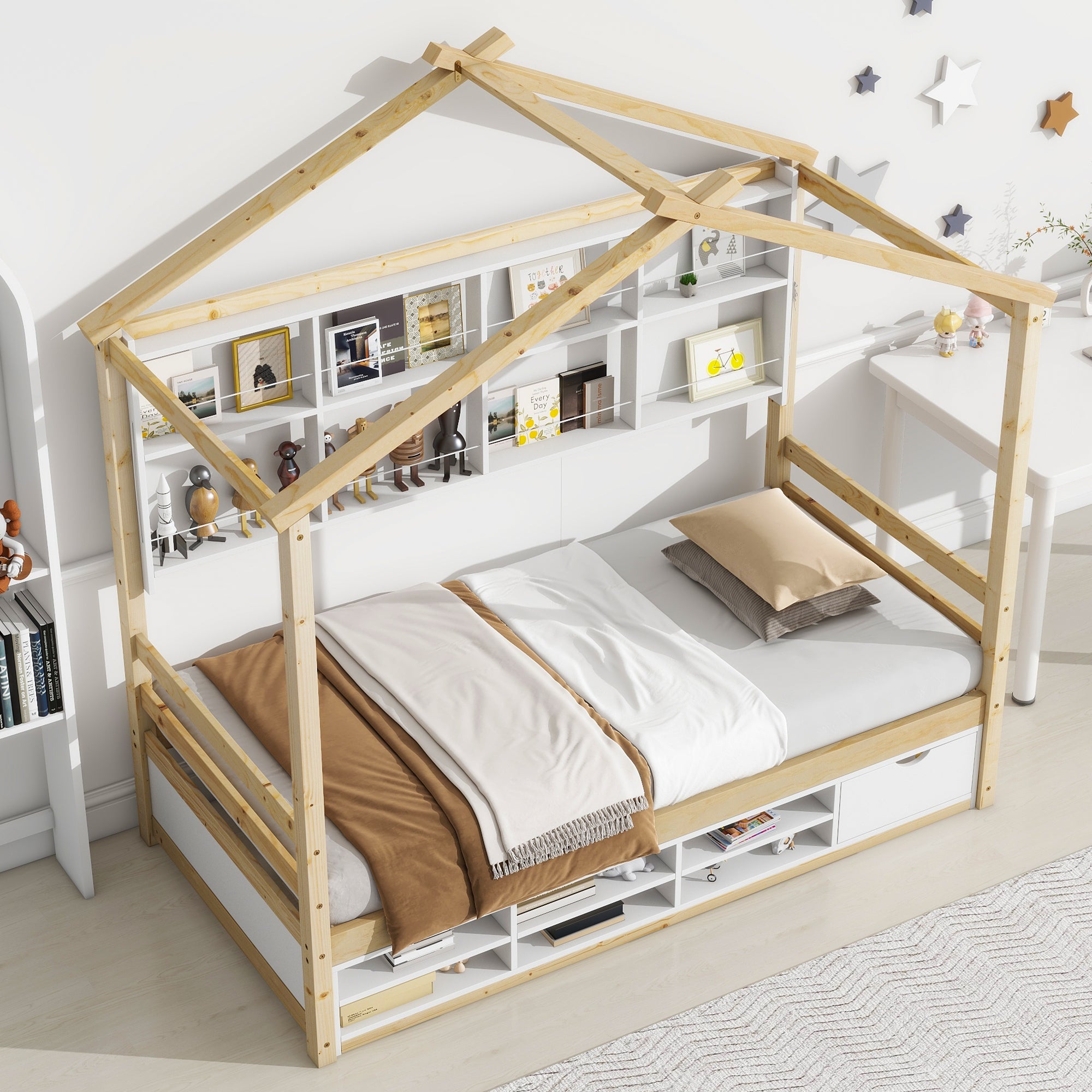 Twin House Bed with Roof Frame, Bedside-shelves, Under Bed Storage Unit,Natural