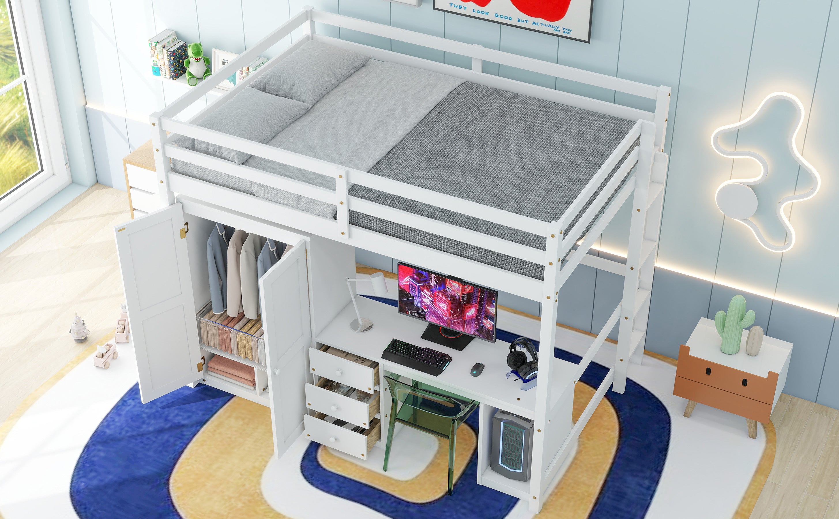 Full Size Loft Bed with Wardrobe, Desk and Storage Drawers, White