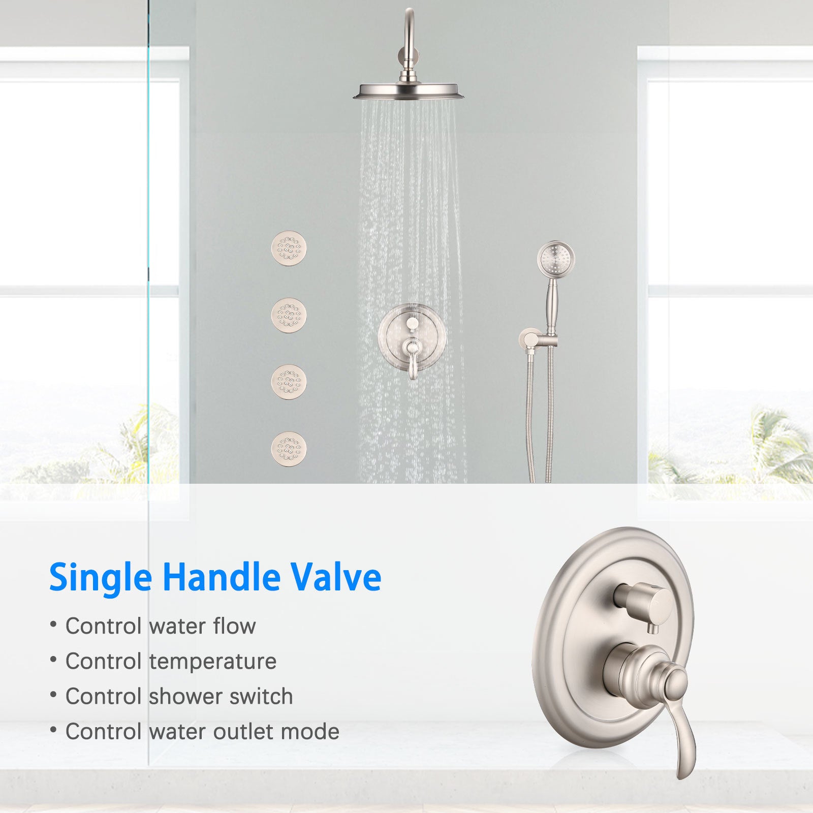 Single-Handle 4-Spray Patterns Bathroom Rain Shower Faucet with Body Jet Handshower in Brushed Nickel (Valve Included)