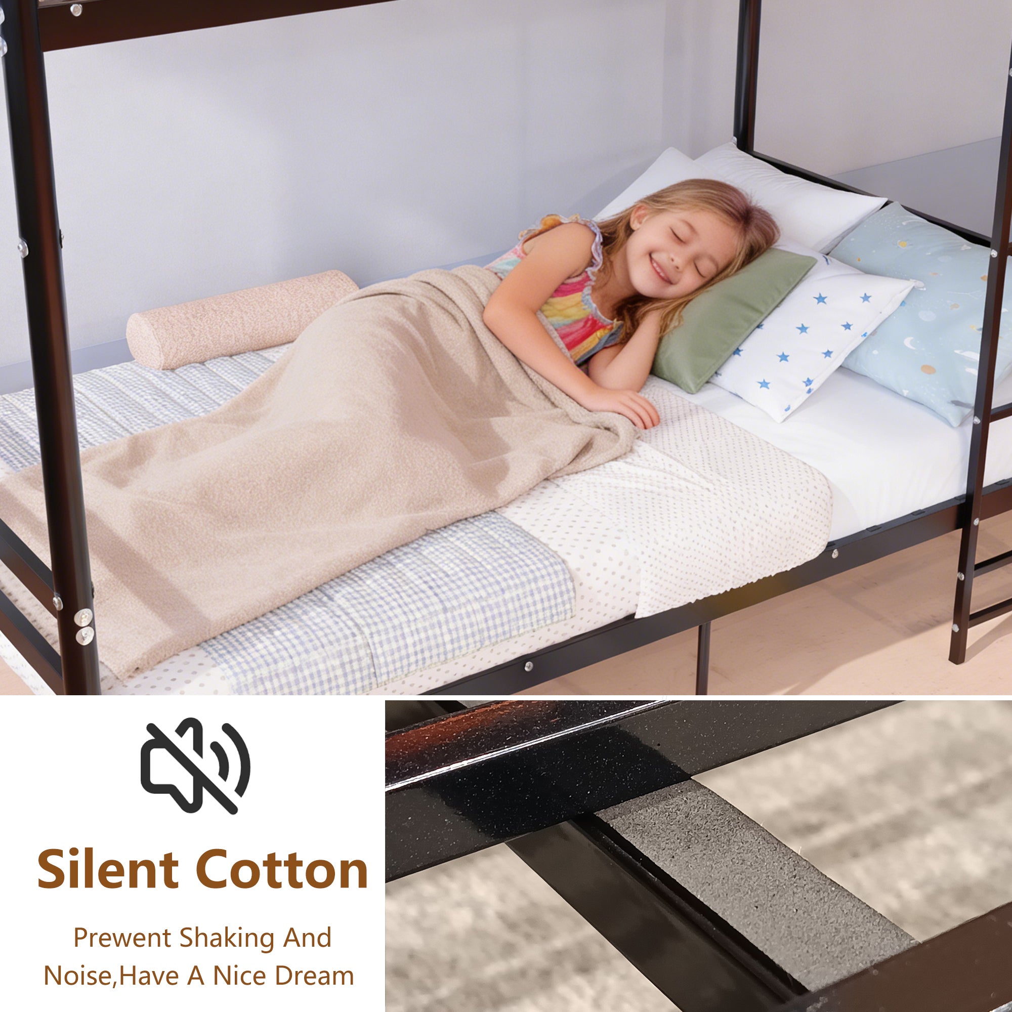 Twin bunk bed black frame detail of 13.7 inch safety guardrail