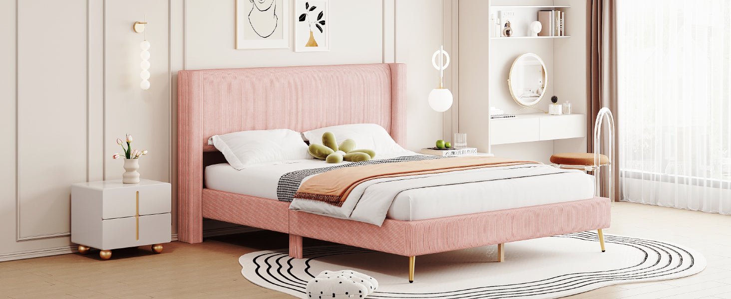 Queen Size Corduroy Platform Bed with Metal Legs, Pink(old sku:WF300238AAH)