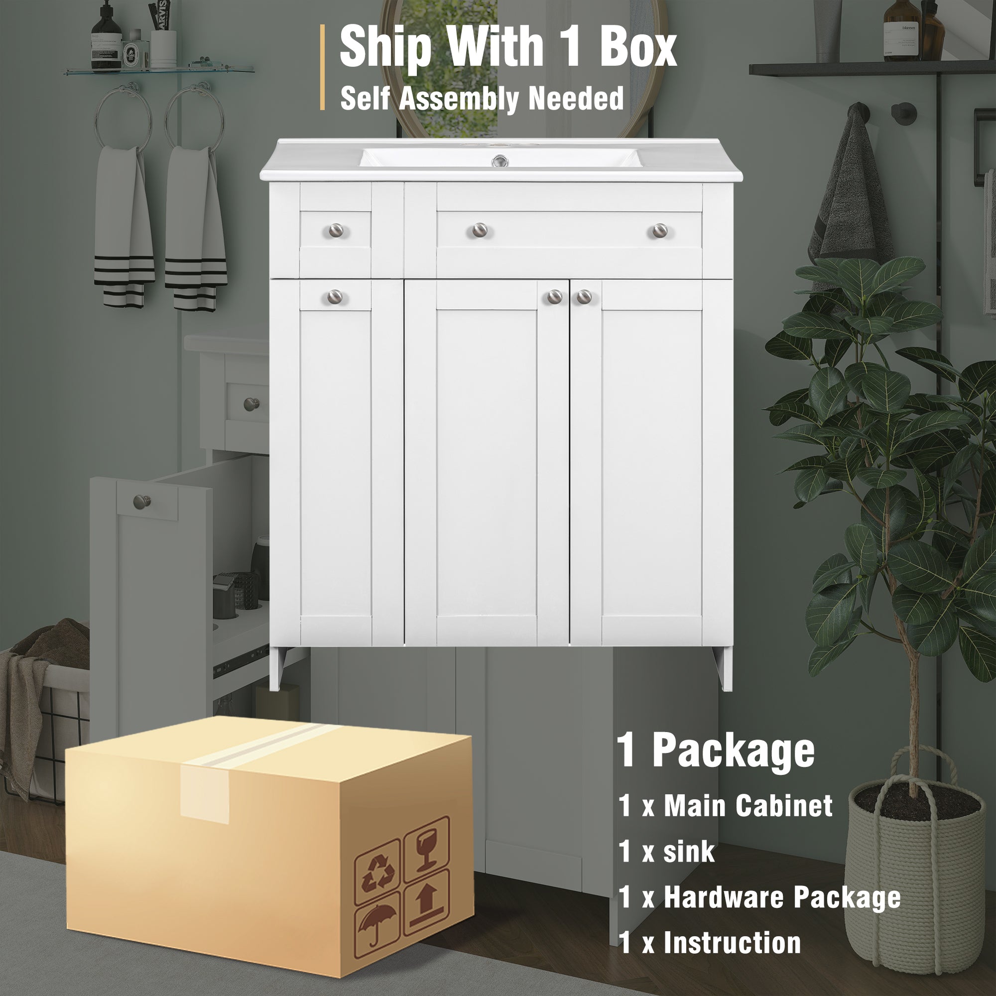 30-Inch White Bathroom Vanity with Ceramic Sink Combo, Abundant Storage Cabinet - 2 Soft close Doors and Double-tier Deep Drawer