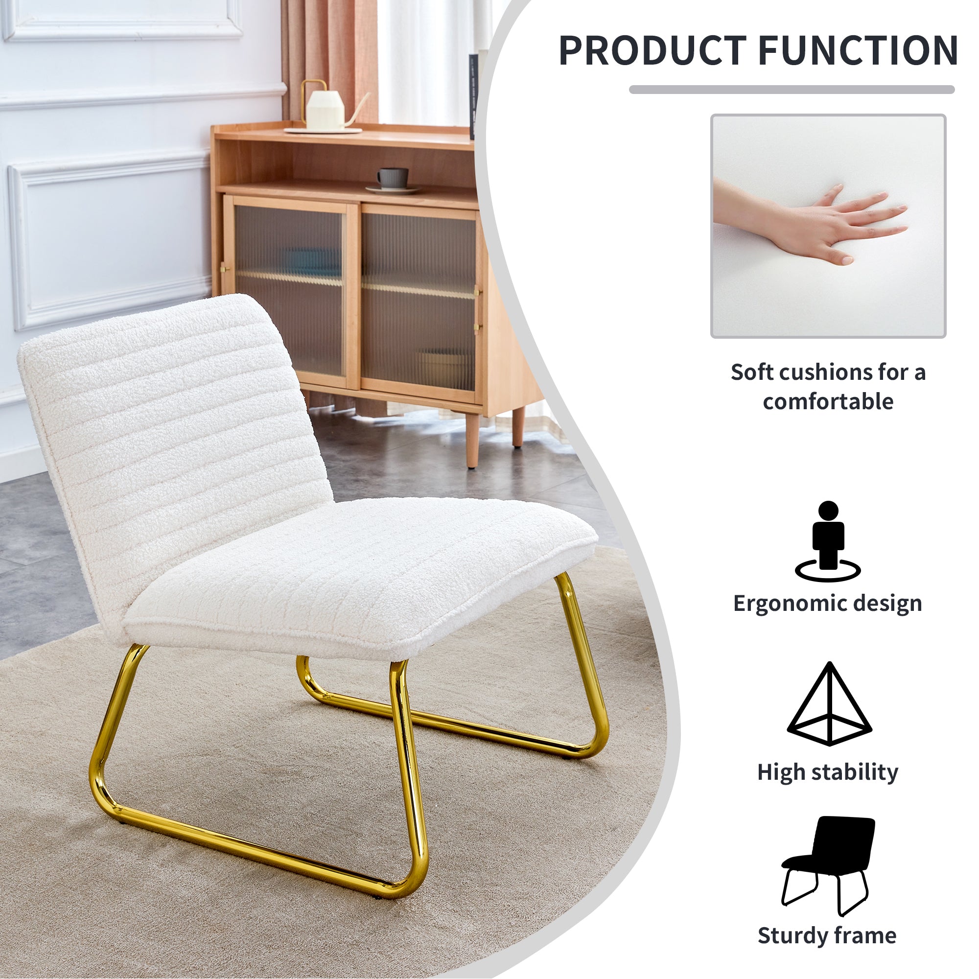 One White minimalist armless sofa chair with plush cushion and backrest paired with golden metal legs, suitable for offices, restaurants, kitchens, bedrooms