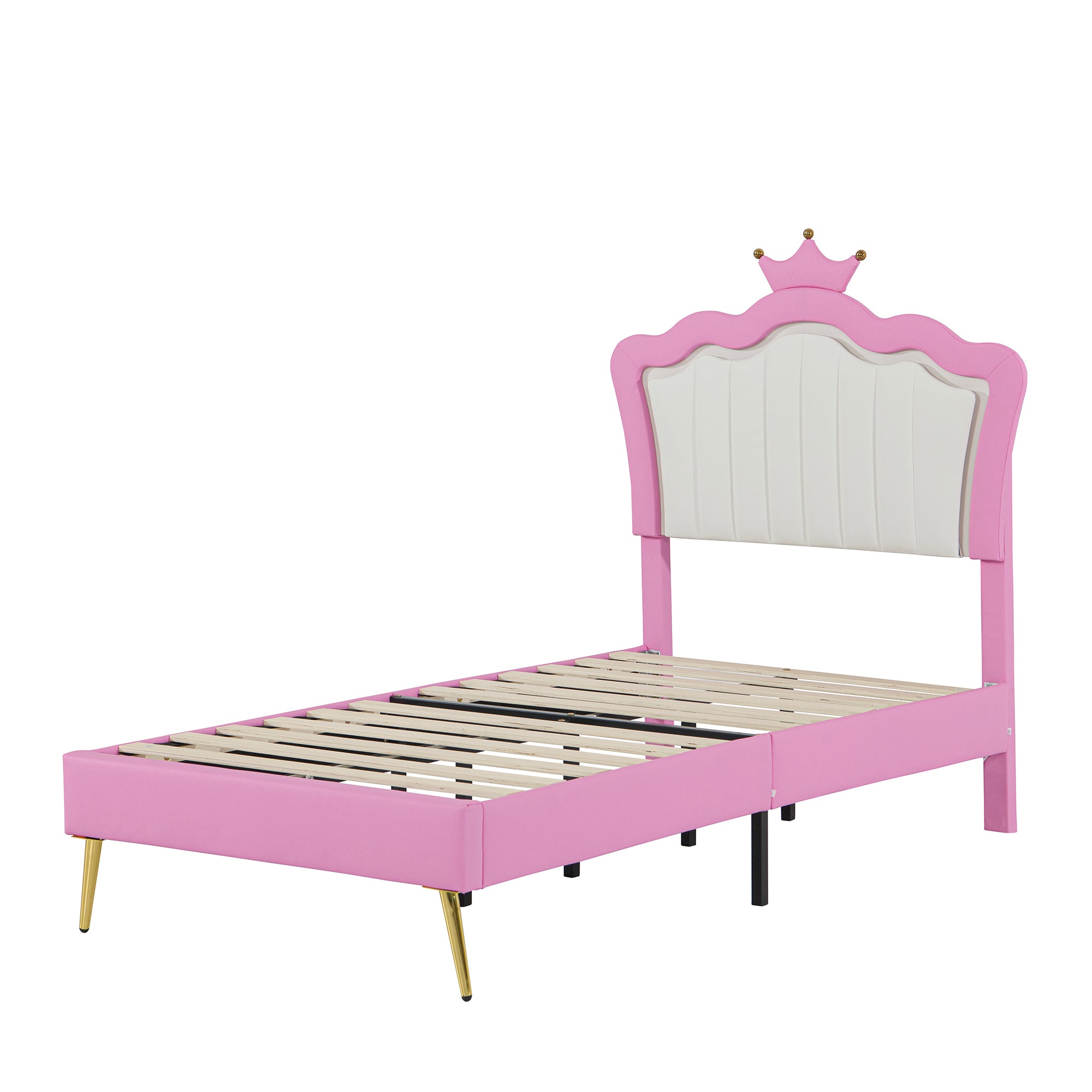 Twin Size Upholstered Bed Frame with LED Lights, Modern Upholstered Princess Bed with Crown Headboard, Pink+White