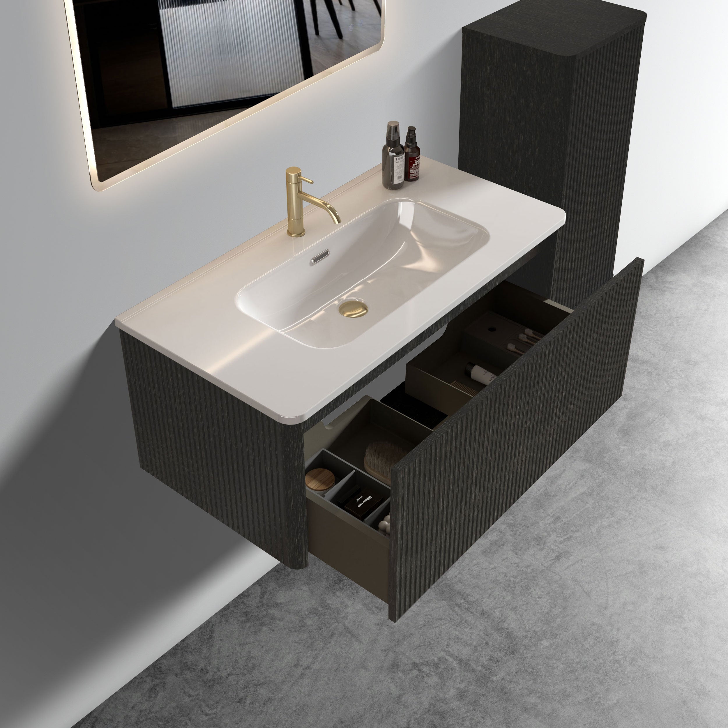 U058-Etna36W-308 Etna 36" Striped Brushed Black Oak Floating Bathroom Vanity with White Ceramic Sink, Bathroom Vanity for Modern Bathroom, Pre-assembled