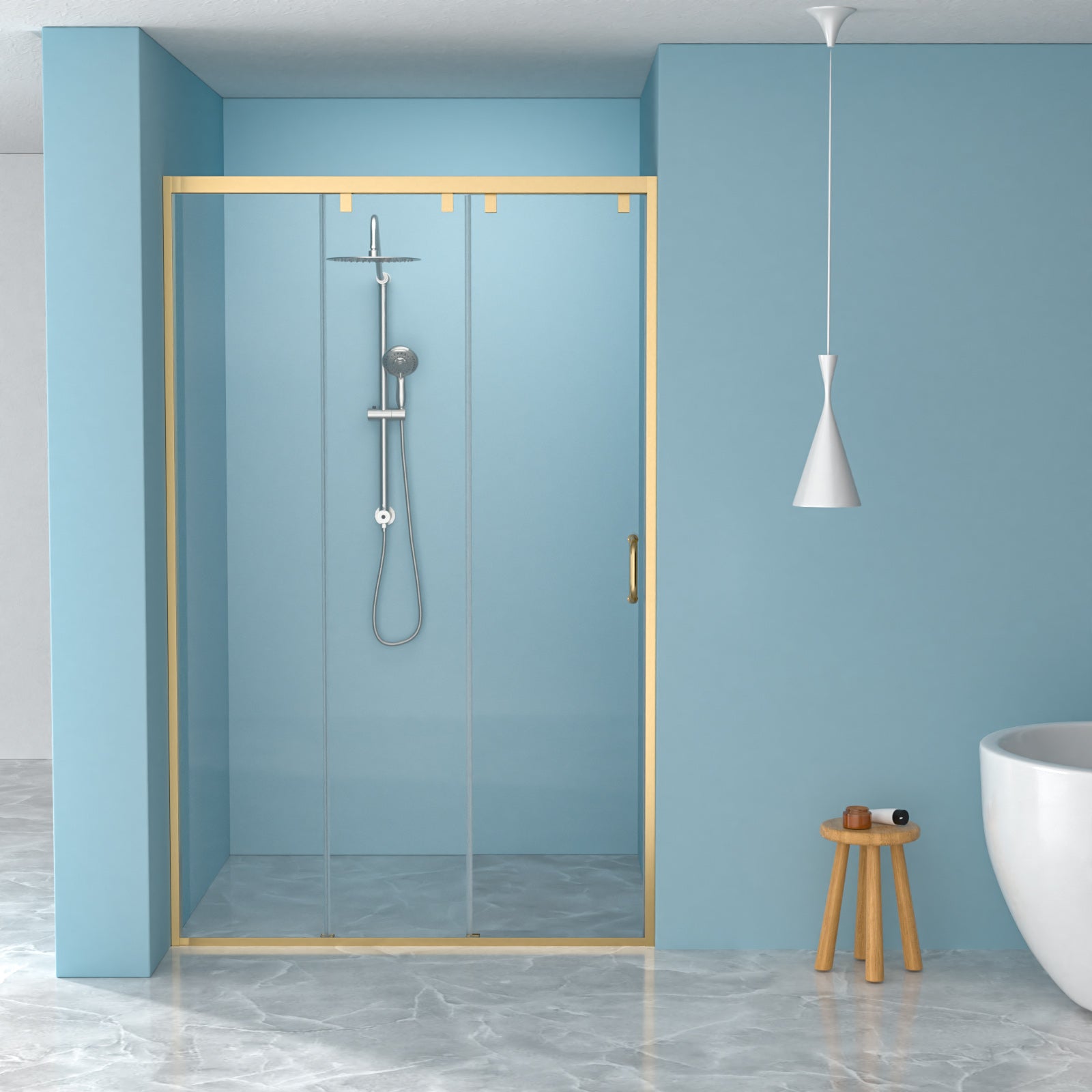 Gold triple bypass sliding shower door 48 by 76 inch front view