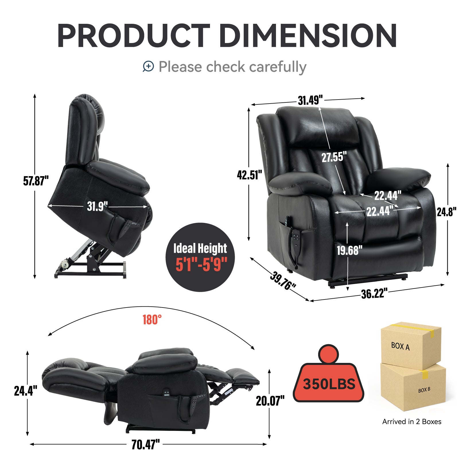 Dual Motor Infinite Position Up to 350 LBS Electric Medium size Genuine Leather Black Power Lift Recliner Chair with 8-Point Vibration Massage and Lumbar Heating