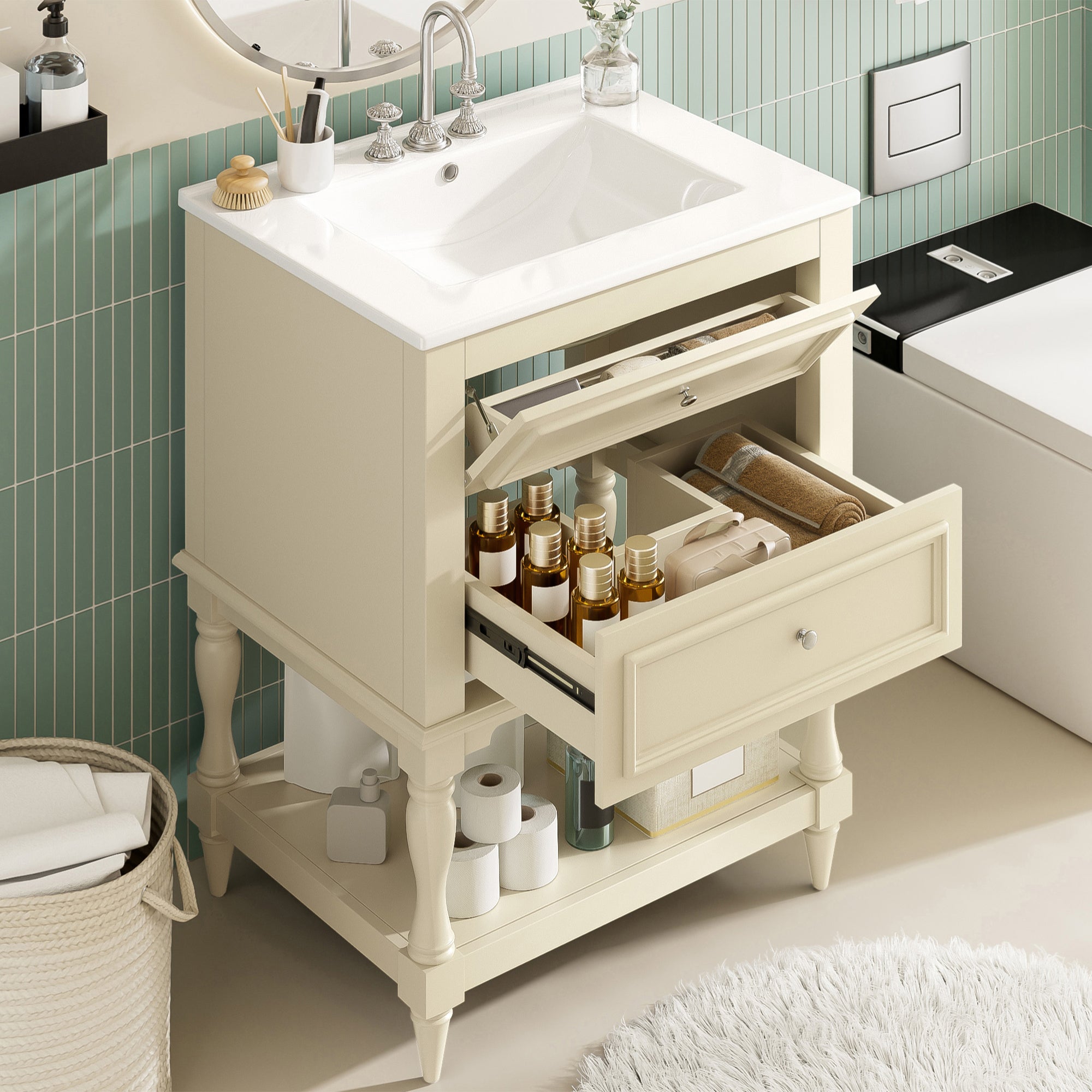 24 inch bathroom vanity ceramic sink with 2 drawers, angled view