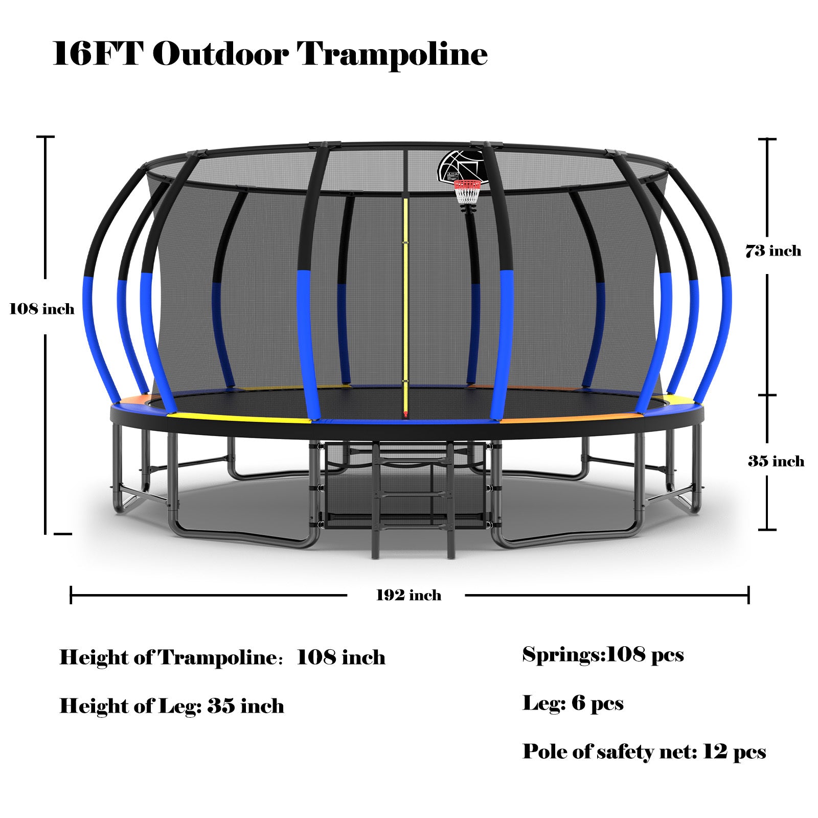 16FT Trampoline with EnclosureRecreational Trampolines with Ladder and AntiRust Coating, ASTM Approval Outdoor Trampoline for Kids