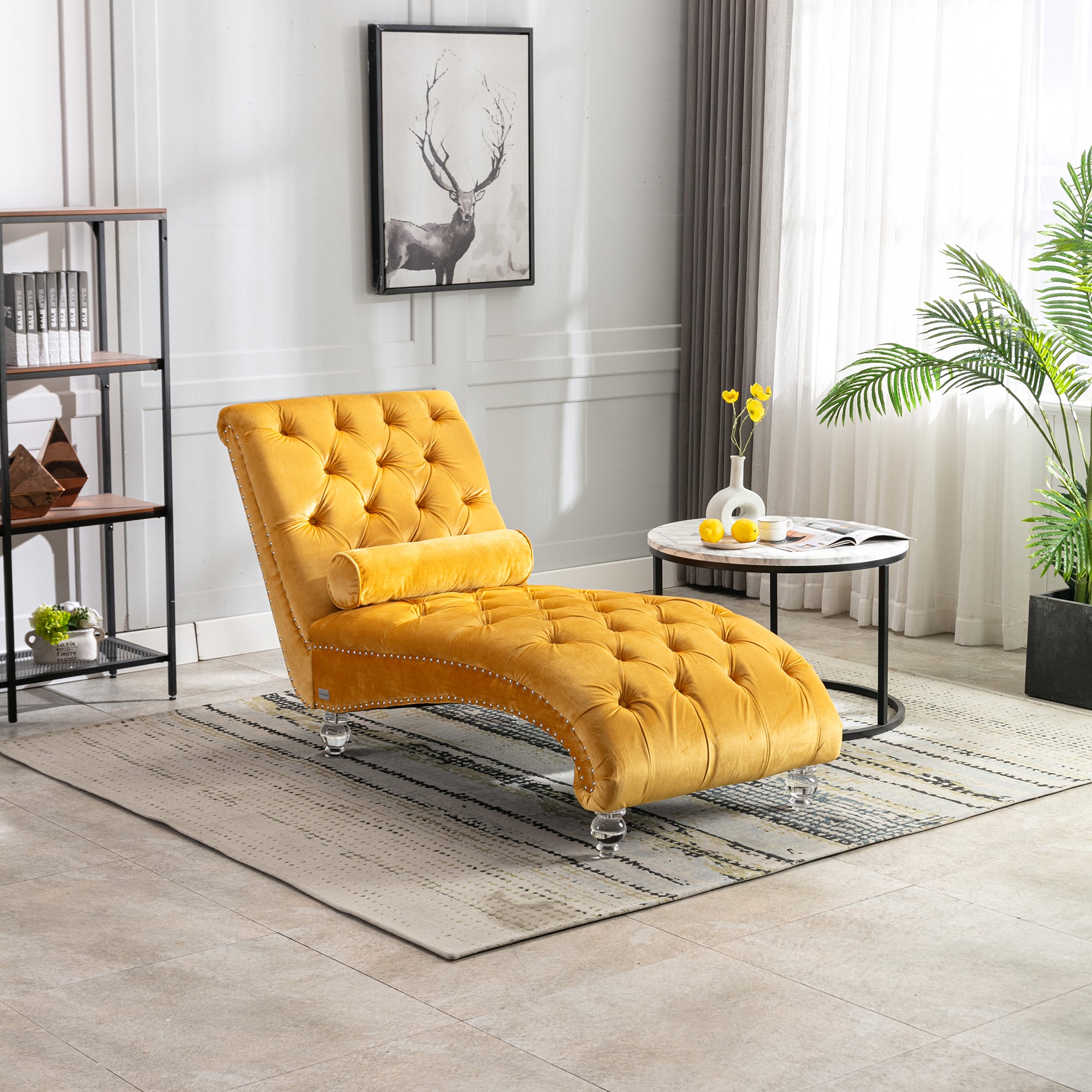 COOMORE Velvet Chaise Lounge Indoor,Button-Tufted Upholstered Chaise Lounge Chair with Pillow for Bedroom Living Room Office (Mustard Velvet)