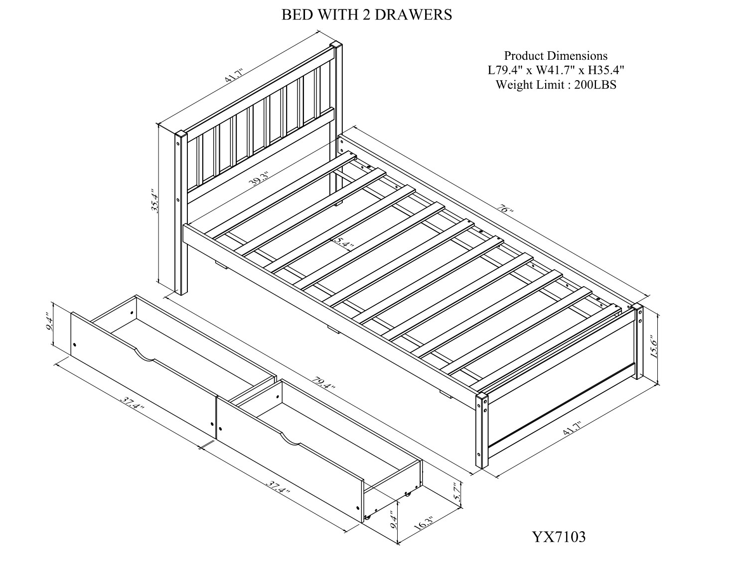 Modern Design Wooden Twin Size Platform Bed with 2 Drawers for White Washed Color