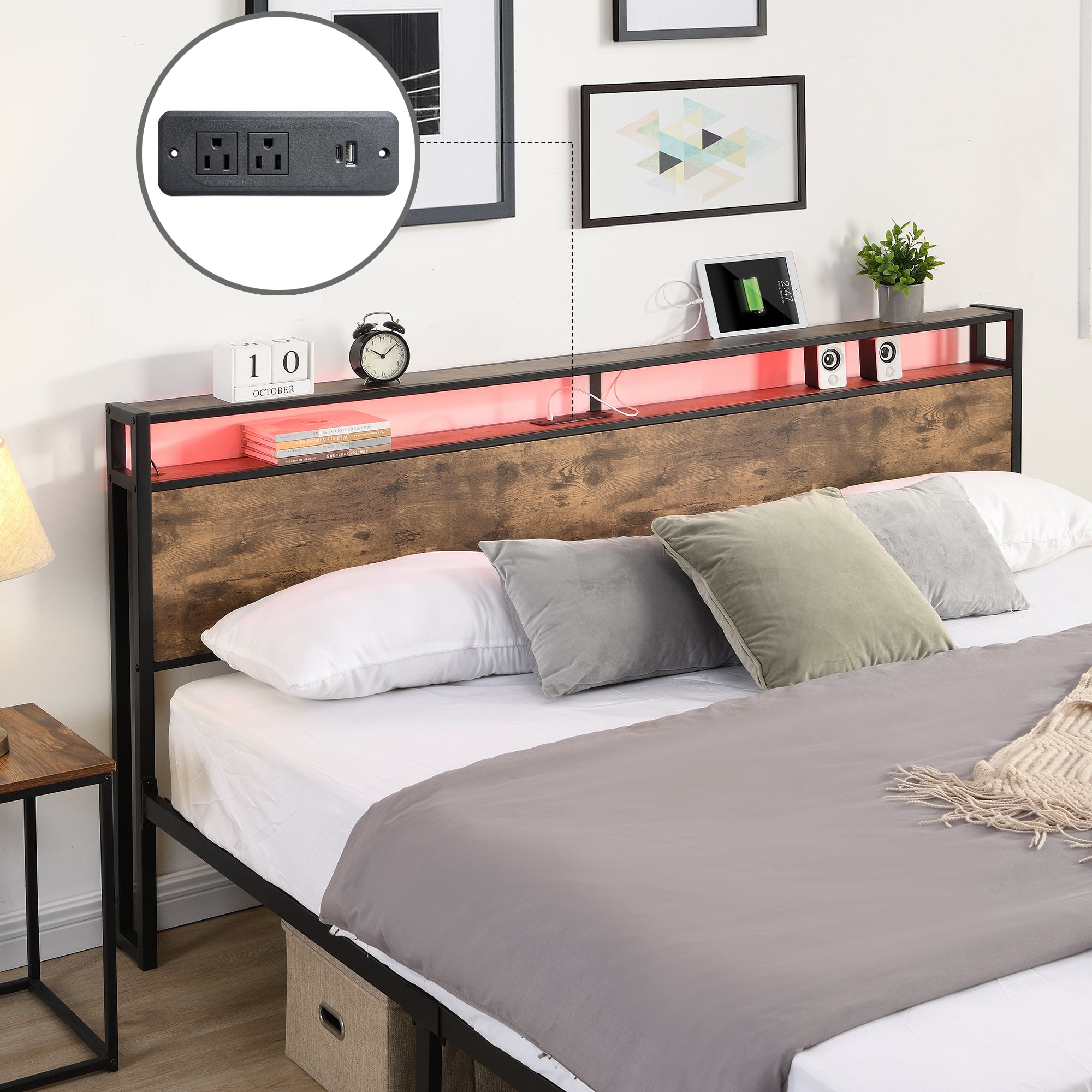 King Bed Frame, Storage Headboard with Charging Station, Solid and Stable, Noise Free, No Box Spring Needed, Easy Assembly