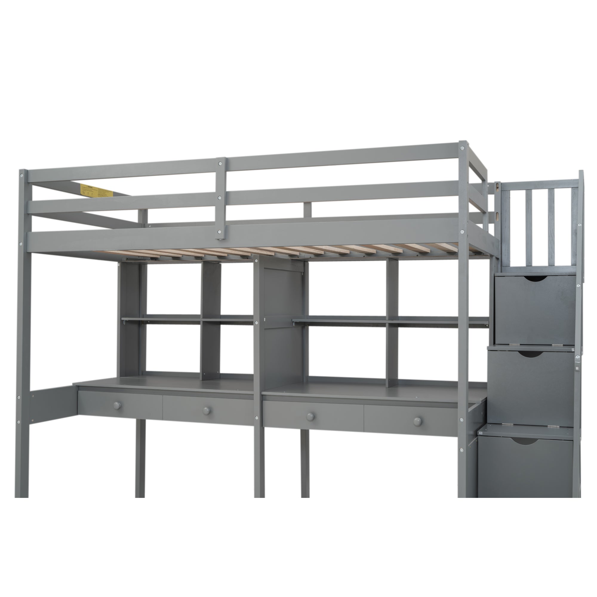 Twin Size Loft Bed Frame with Storage Staircase and Double Desks and Shelves,Gray