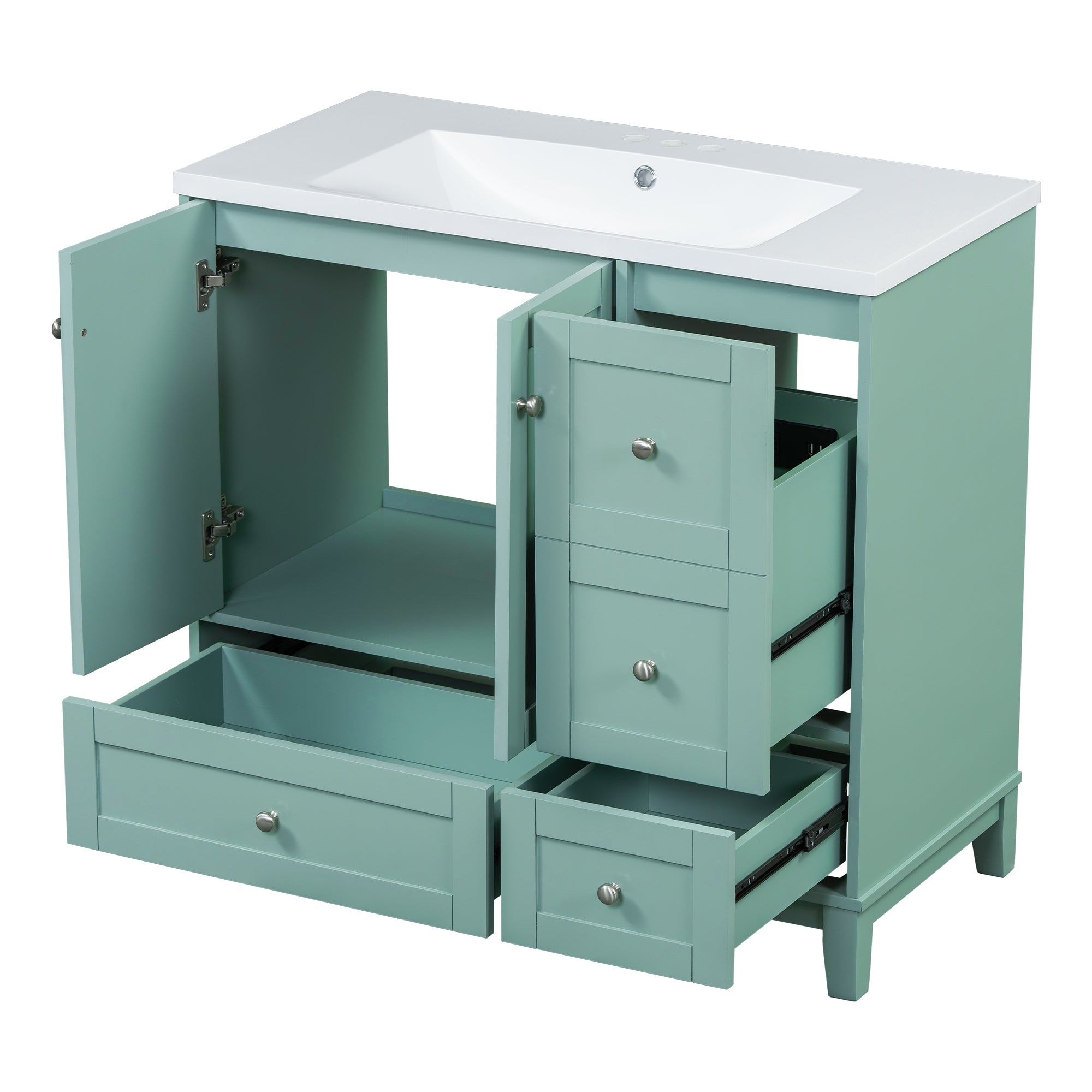 36 Inch Modern Bathroom Vanity with USB Charging, Two Doors and Three Drawers Bathroom Storage Vanity Cabinet, Small Bathroom Vanity cabinet with single sink , Green - Faucets Not Included