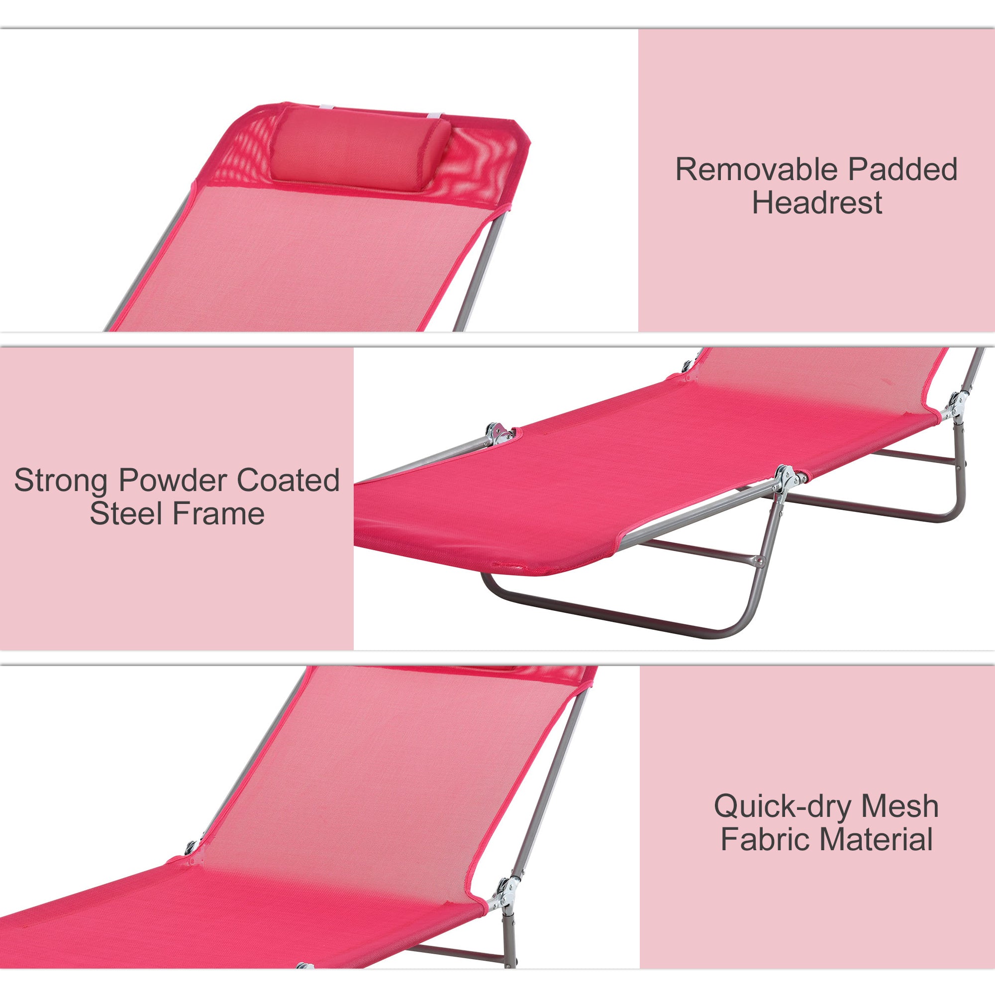 Outsunny Folding Chaise Lounge Chair, Pool Sun Tanning Chair, Outdoor Lounge Chair with Reclining Back, Breathable Mesh Seat, Headrest for Beach, Yard, Patio, Pink