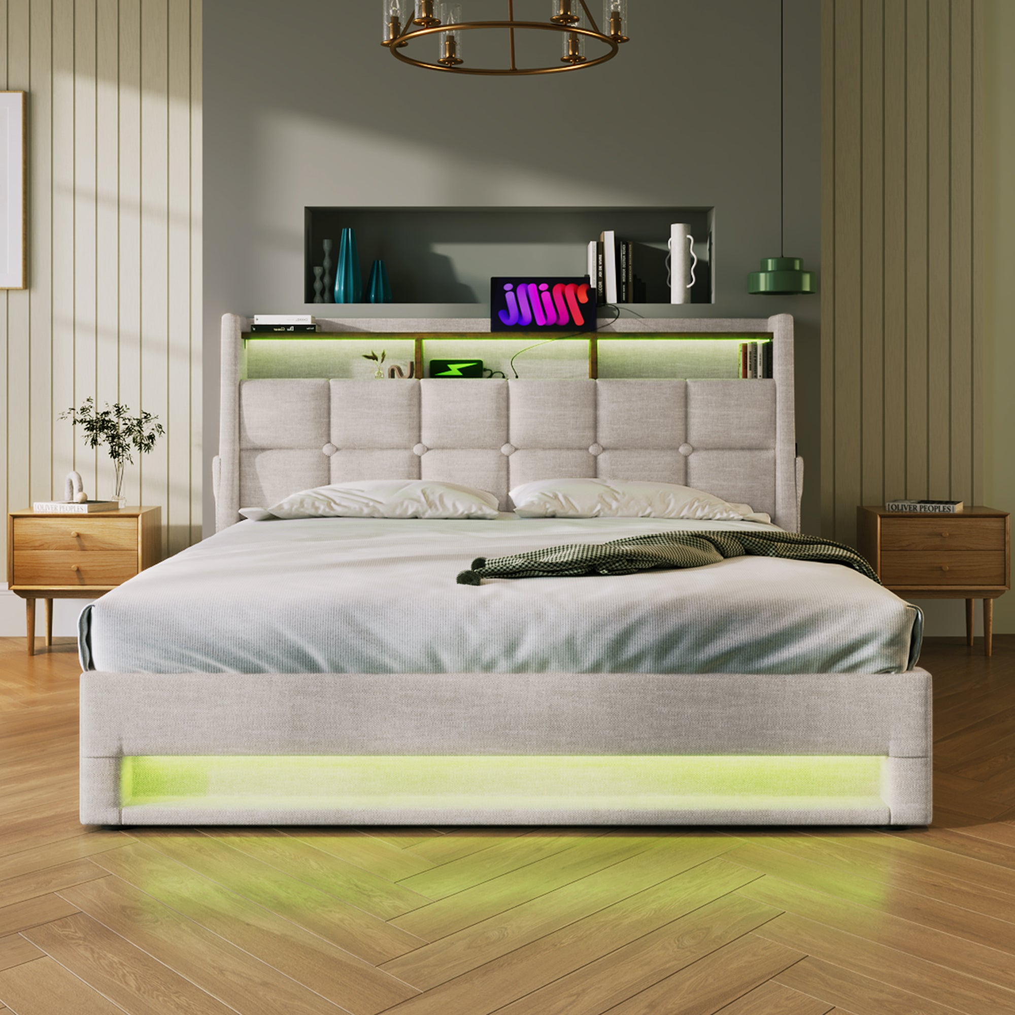 Queen size Upholstered Platform bed with a Hydraulic Storage System, LED and USB Charging, Natural (without mattress)