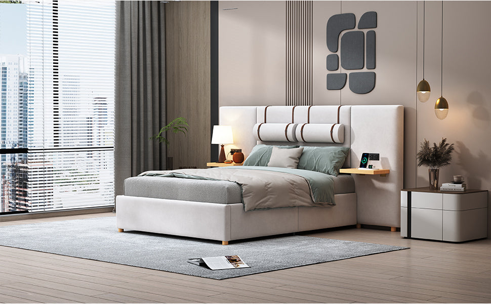 Full Size Upholstered Platform Bed, Two Outlets and USB Charging Ports on Both Sides, Two Bedside Pillows, Storage Shelves,Velvet,Beige