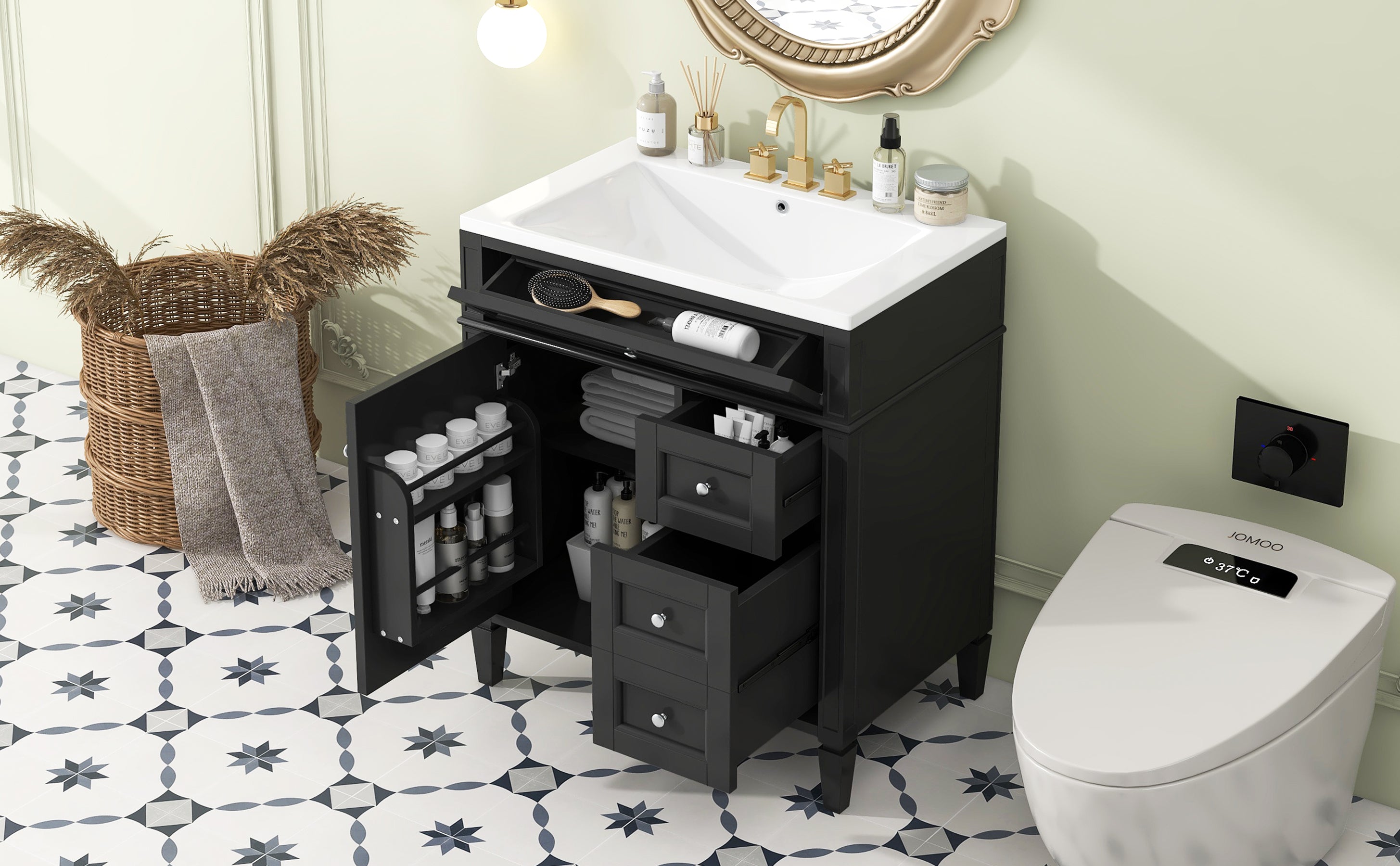 30'' Bathroom Vanity with Top Sink, Modern Bathroom Storage Cabinet with 2 Drawers and a Tip-out Drawer, Single Sink Bathroom Vanity