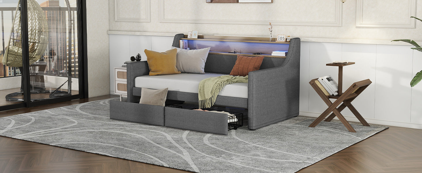 Twin Size Daybed with Storage Drawers, Upholstered Daybed with Charging Station and LED Lights, Gray(Old Item W1580S00023)