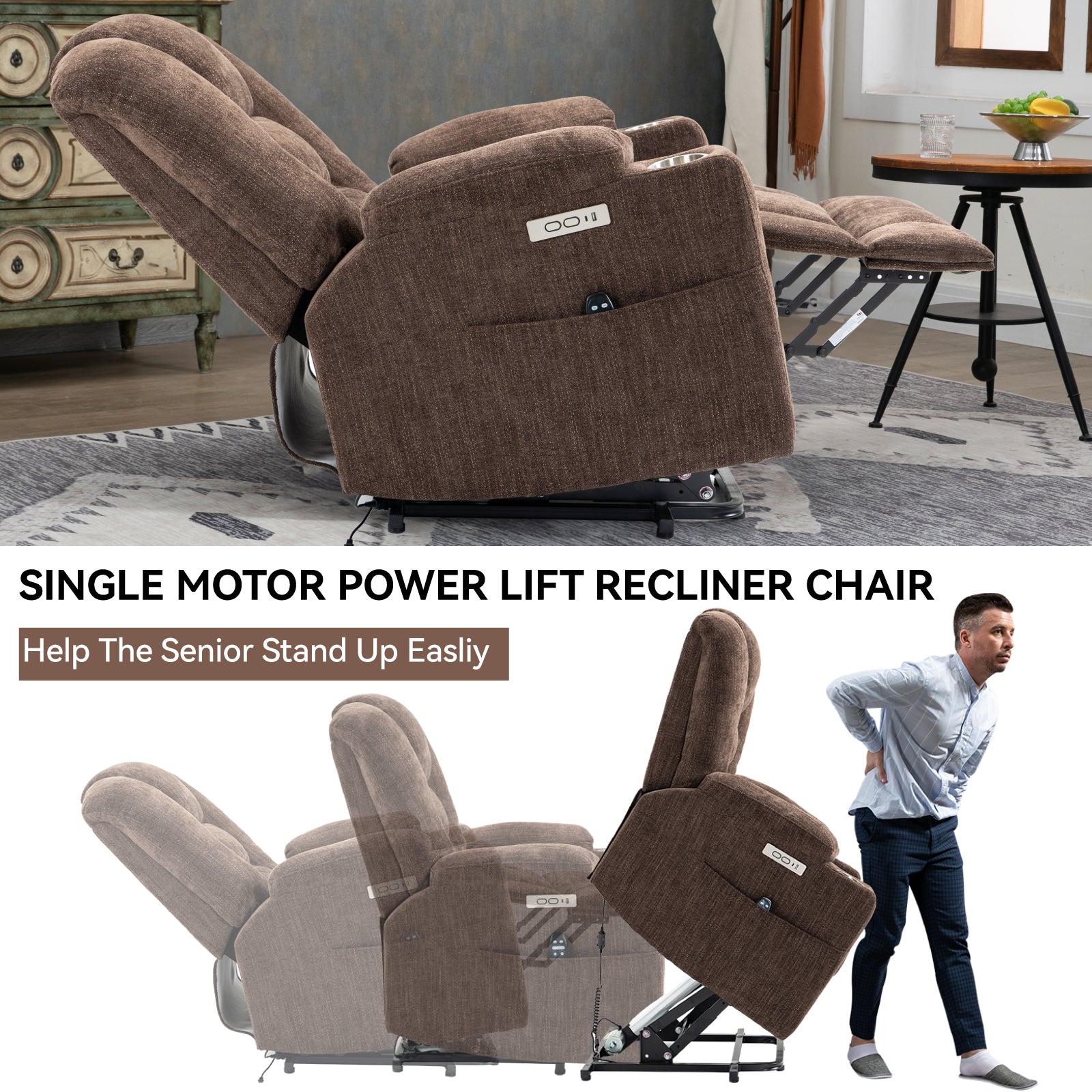 EMON'S Large Power Lift Recliner Chair with Massage and Heat for Elderly, Overstuffed Wide Recliners, Heavy Duty Motion Mechanism with USB and Type C Ports, 2 Steel Cup Holders, Brown