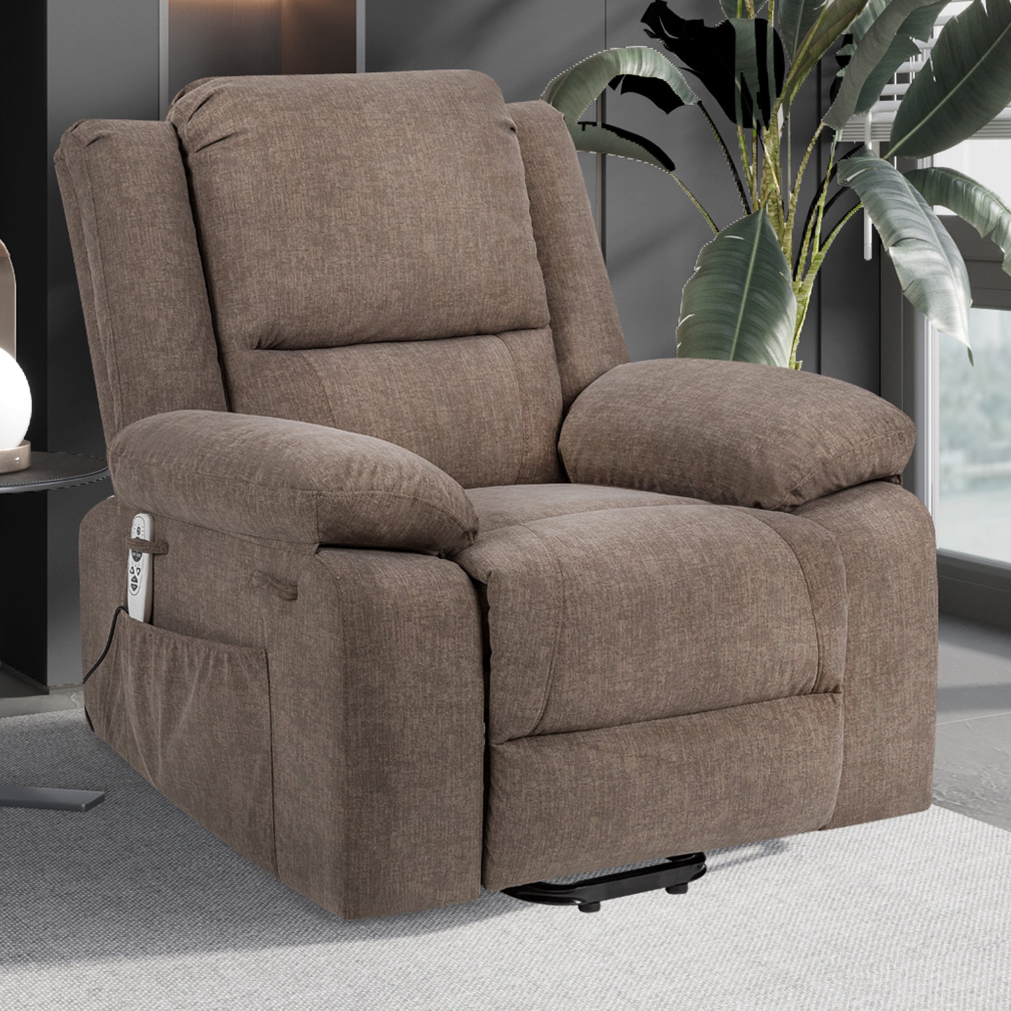 Electric Power Recliner Chair With Massage For Elderly ,Remote Control Multi-function Lifting, Timing, Cushion Heating Chair With Side Pocket Brown