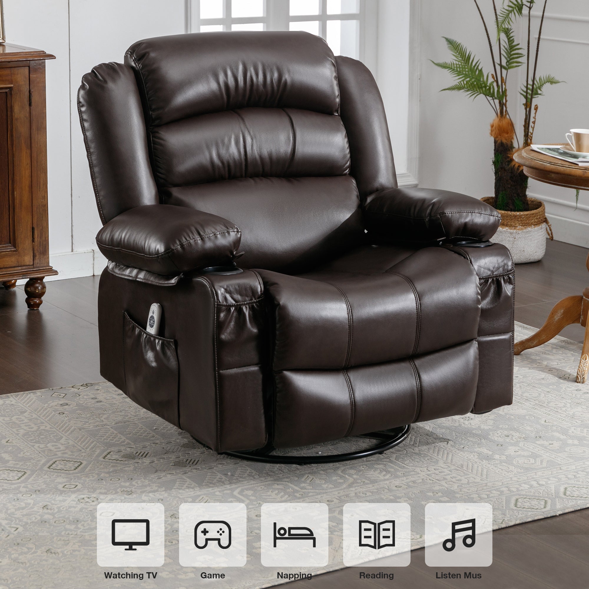 Massage Swivel Rocker Recliner Chair with Vibration Massage and Heat Ergonomic Lounge Chair for Living Room with Rocking Function and Side Pocket   2 Cup Holders USB Charge Port ,BROWN