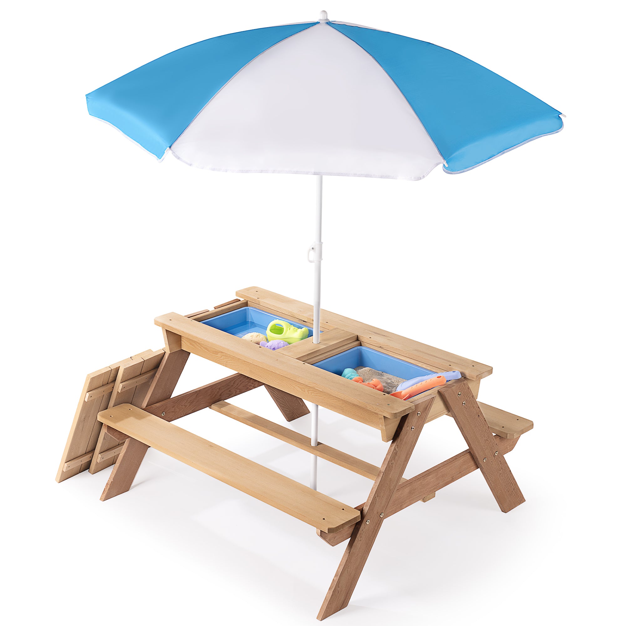 3-in-1 Kids Outdoor Wooden Picnic Table With Umbrella, Convertible Sand & Wate, Gray ASTM & CPSIA CERTIFICATION