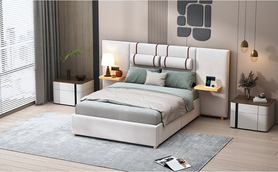 Full Size Upholstered Platform Bed, Two Outlets and USB Charging Ports on Both Sides, Two Bedside Pillows, Storage Shelves,Velvet,Beige