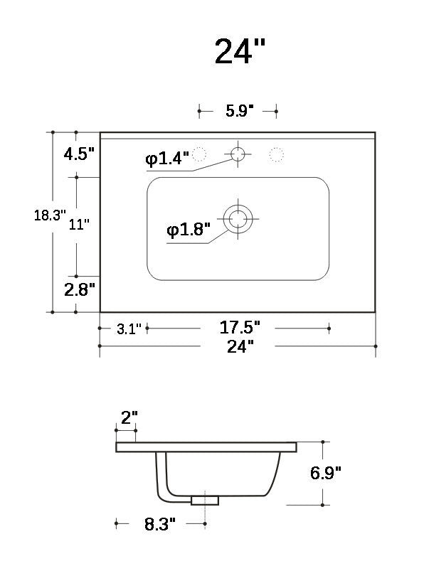 BB0924Y331, Integrated white ceramic basin with three predrilled faucet holes, drain assembly NOT included