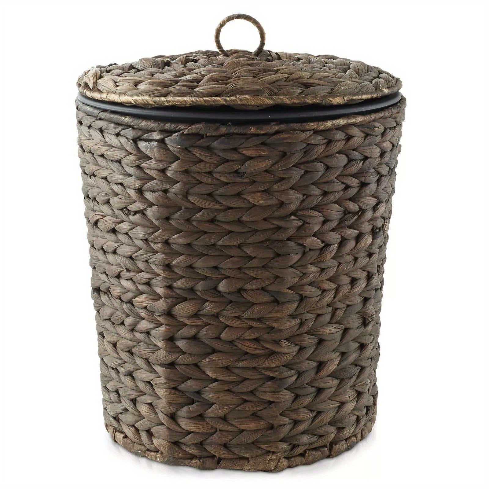 Bathroom Trash Can with Lid, Small Woven Hyacinth Wicker Waste Basket