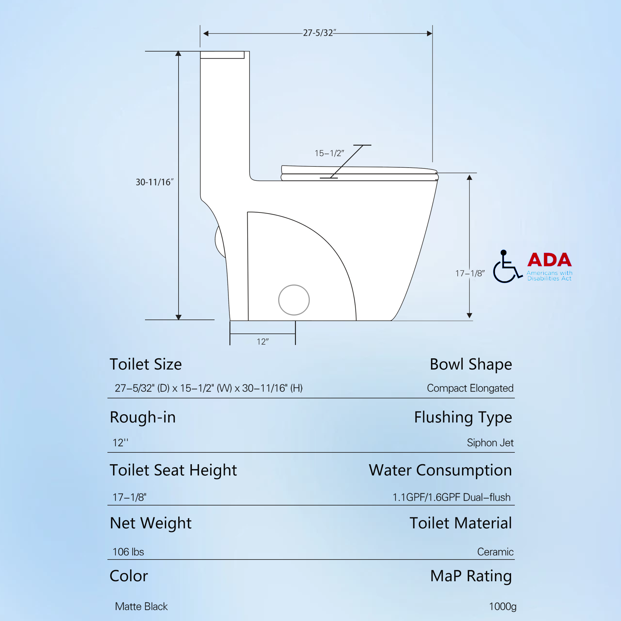 1.1/1.60 GPF Dual-Flush One Piece Toilet, Water-Saving Elongated Comfort Height Floor Mounted, Soft Close Seat, 1000 Gram Map Flushing Score Toilet, Matte Black 23T01-MB-1