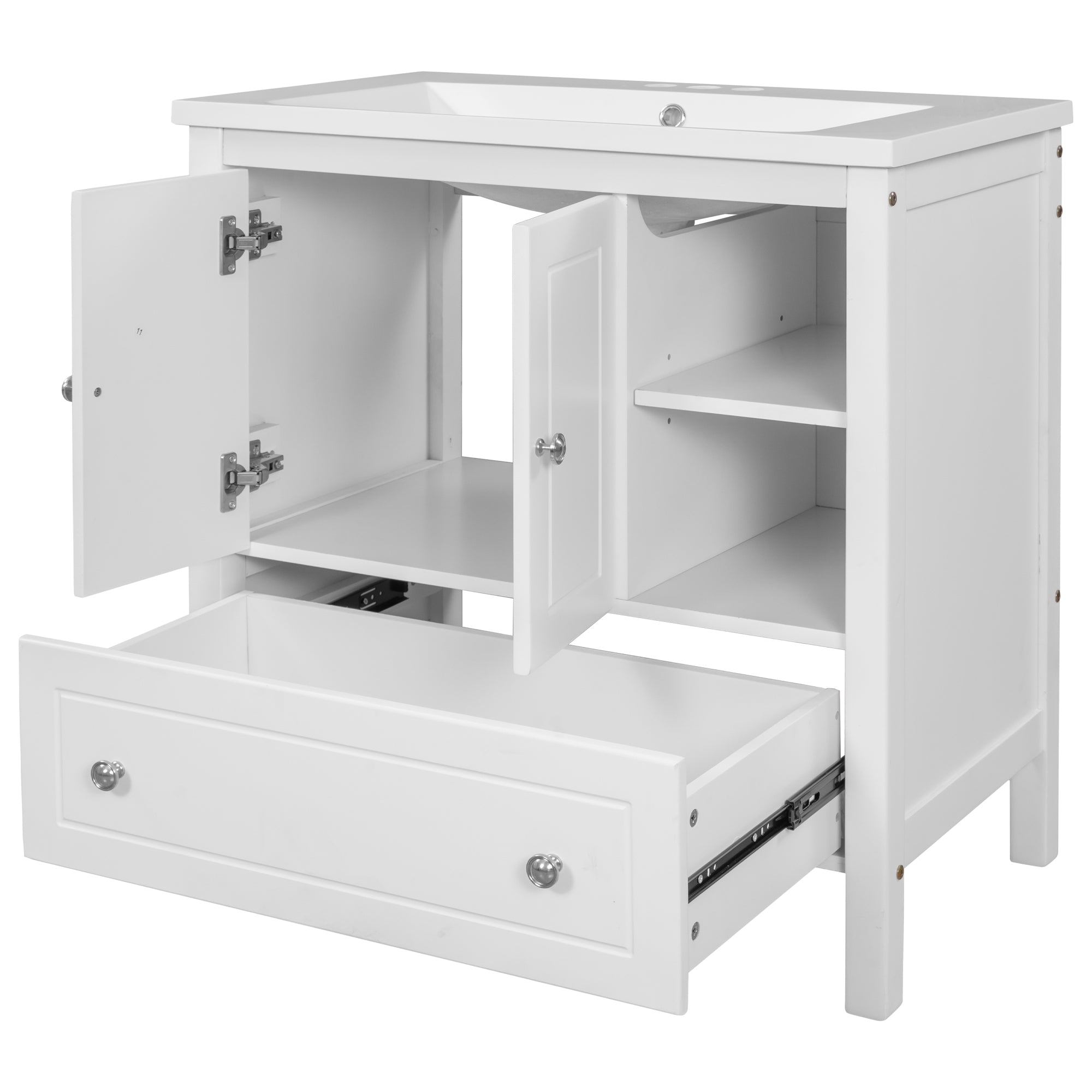 [VIDEO] 30" Bathroom Vanity with Sink, Bathroom Storage Cabinet with Doors and Drawers, Solid Wood Frame, Ceramic Sink, White