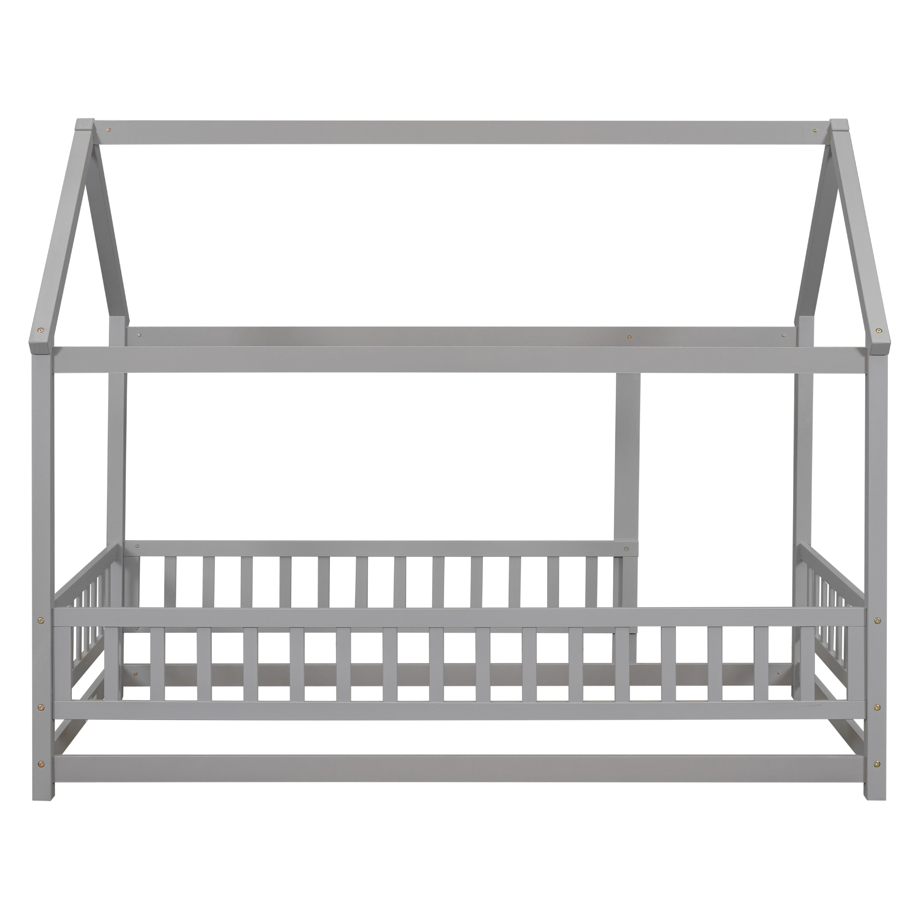 Twin Size Floor Wooden Bed with House Roof Frame, Fence Guardrails,Grey(Old SKU:W1791106614)