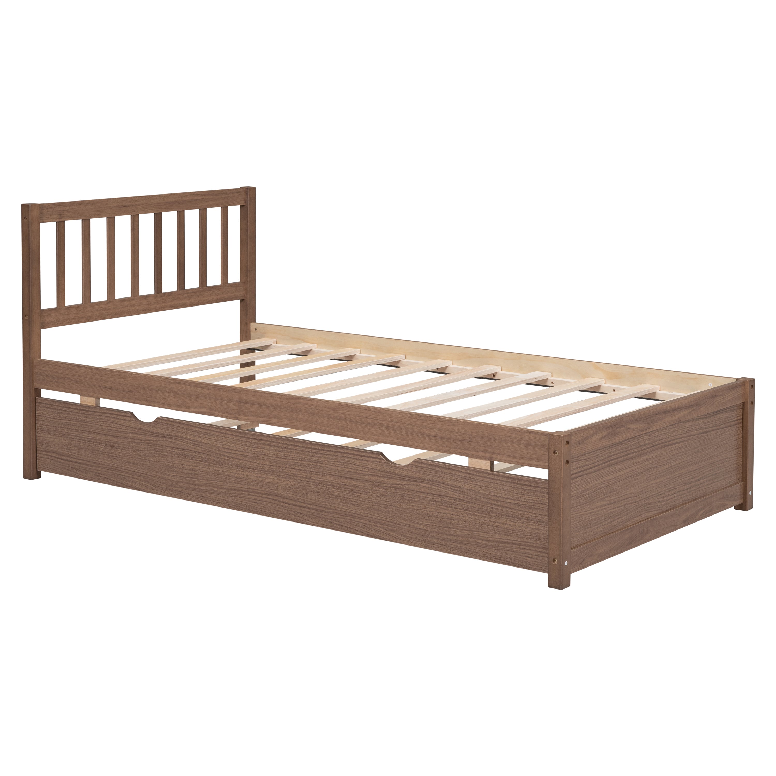 Modern Design Wooden Twin Size Platform Bed Frame with Trundle for Walnut Color